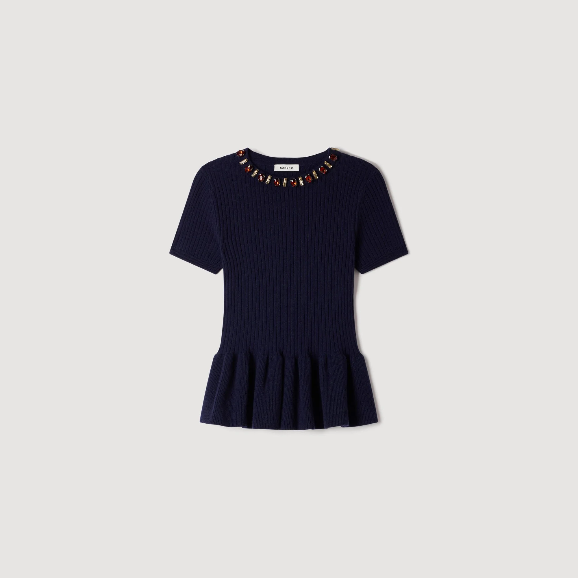PEPLUM SWEATER WITH RHINESTONE NECKLINE - 1