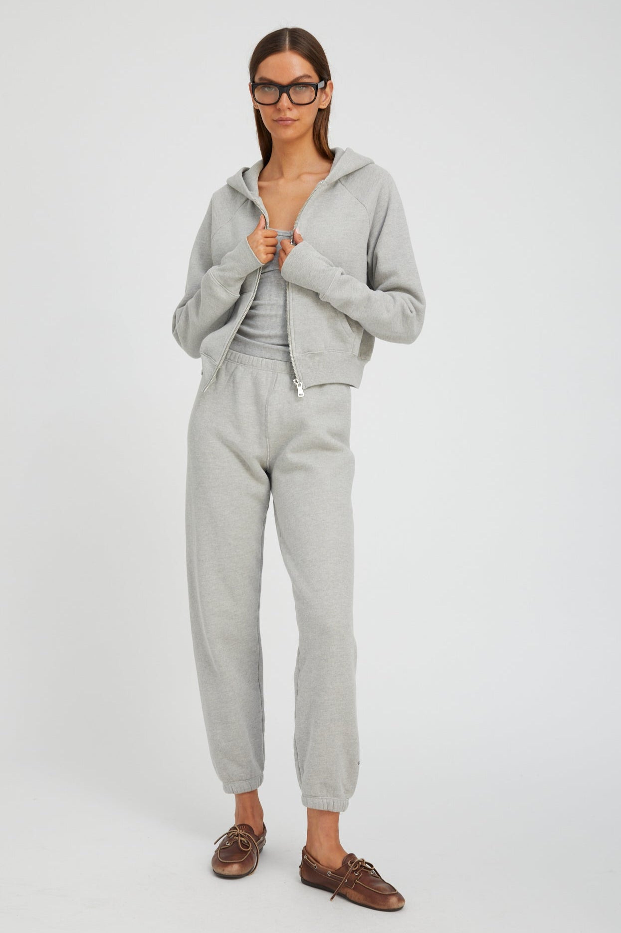 HEATHER GREY COTTON SHRUNKEN ZIP UP HOODIE - 2