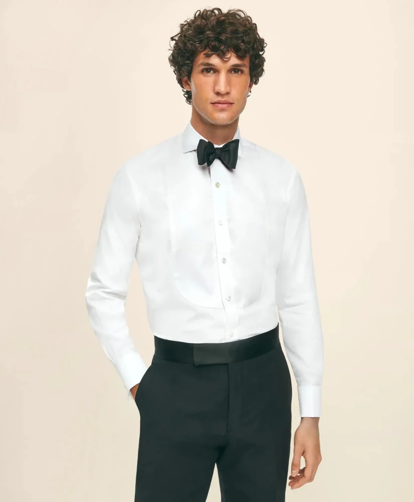 Black Fleece Pique Bib Londoner Collar Tuxedo Shirt in Sea Island Cotton - 1