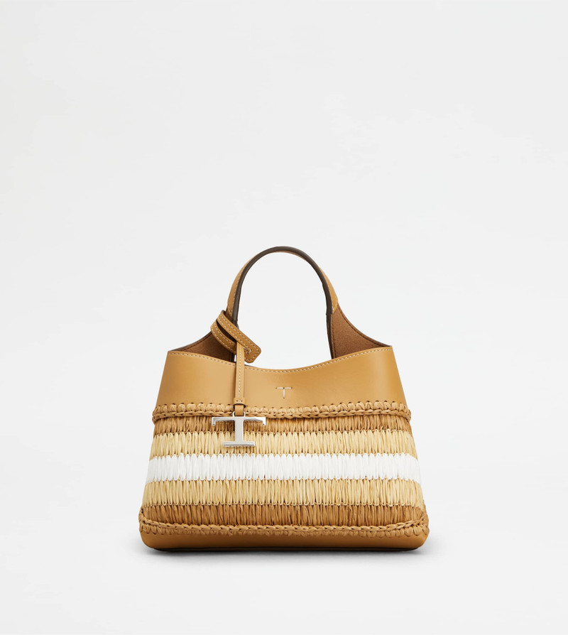 BAG IN LEATHER AND RAFFIA MICRO - BROWN, BEIGE, WHITE 1