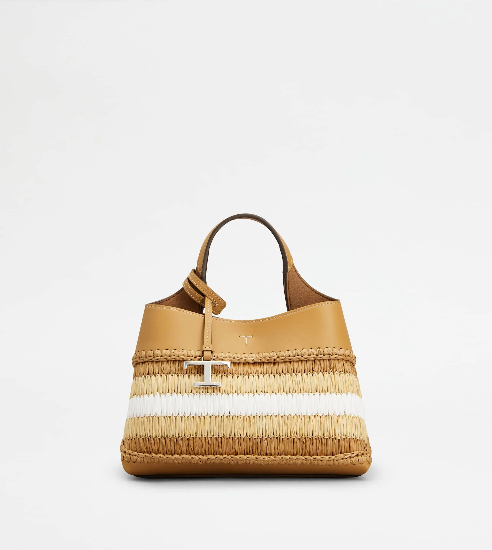 BAG IN LEATHER AND RAFFIA MICRO - BROWN, BEIGE, WHITE - 1