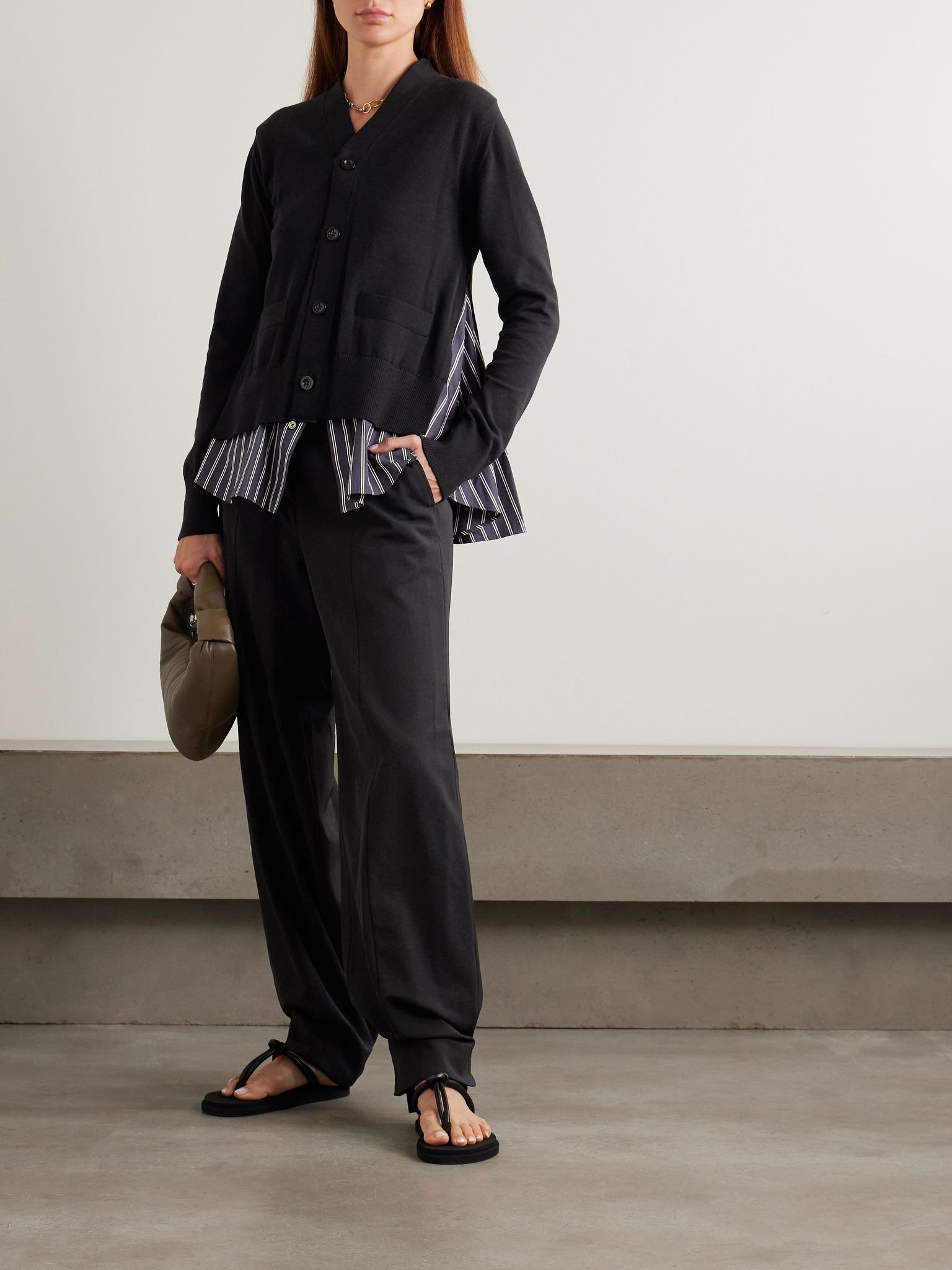 Layered striped cotton poplin-trimmed cotton-blend jersey cardigan Black - 2