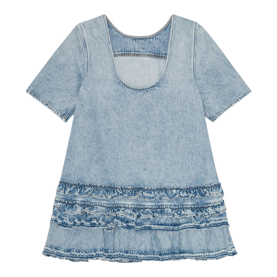 Soft Rigid Denim Open Back Frill Mini Dress - 3