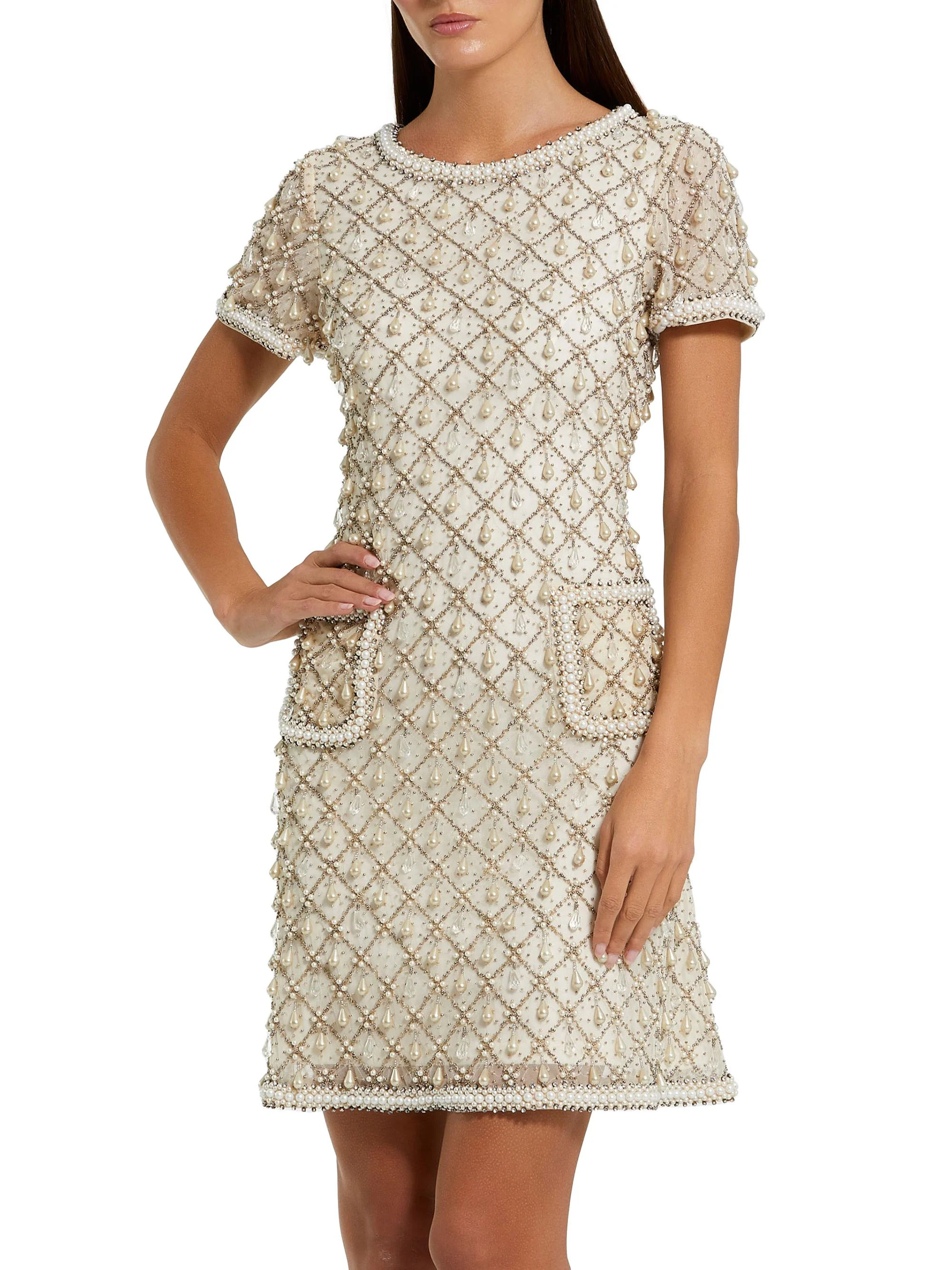 Women's Beaded Embellished Minidress - Oyster - 1