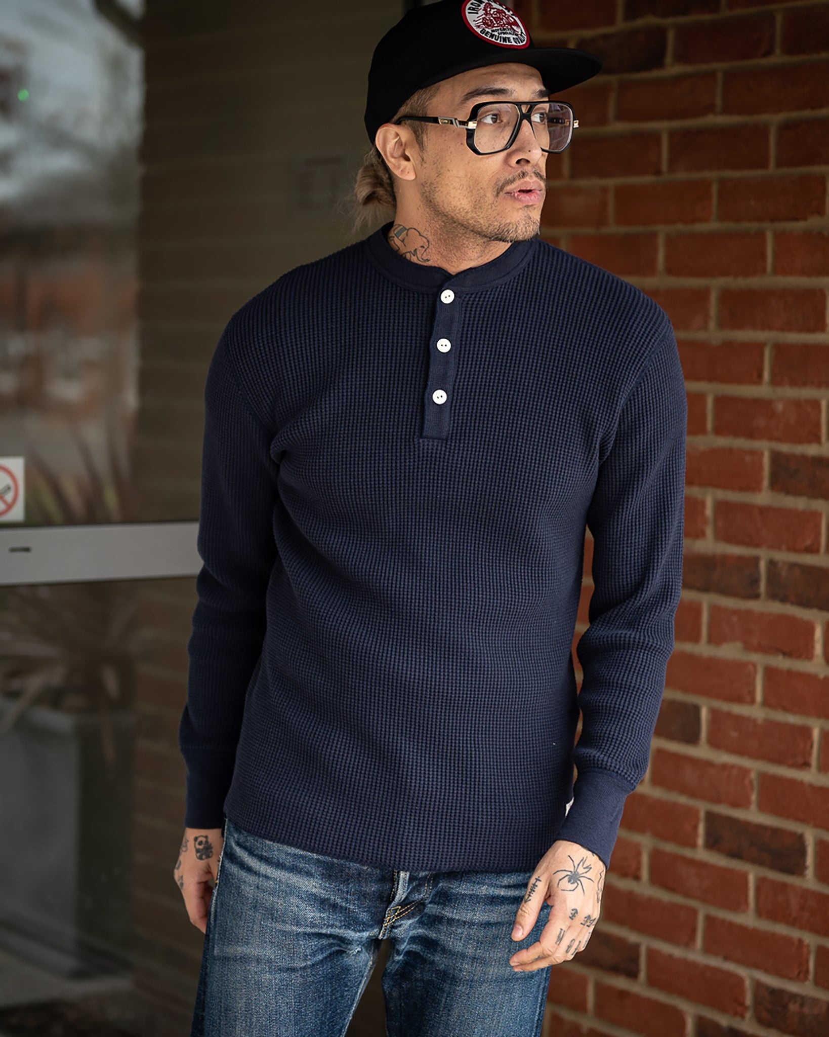 IHTL-1213-NAV Waffle Knit Long Sleeved Thermal Henley - Navy - 4