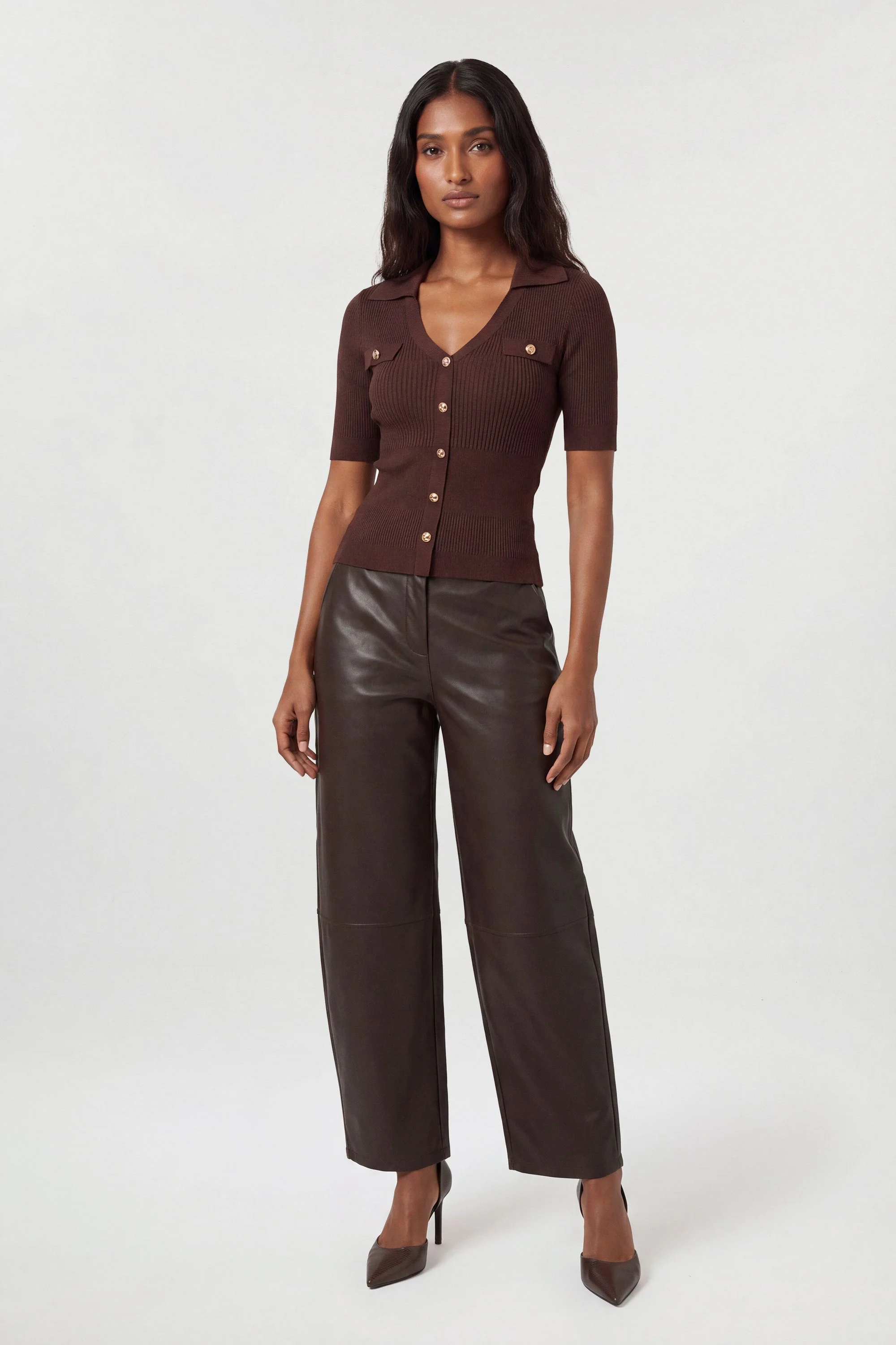 Military Trim Rib Knit Short Sleeve Collared Top - 1