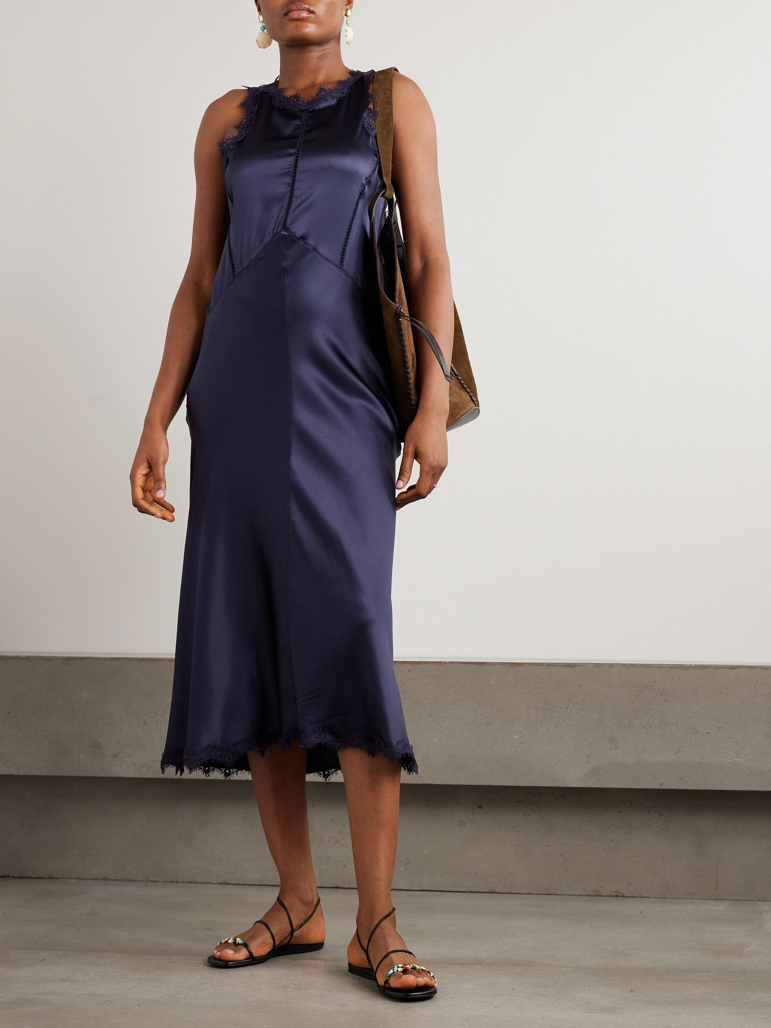 Jadelia lace and pointelle-trimmed silk-blend satin midi dress Midnight blue - 2