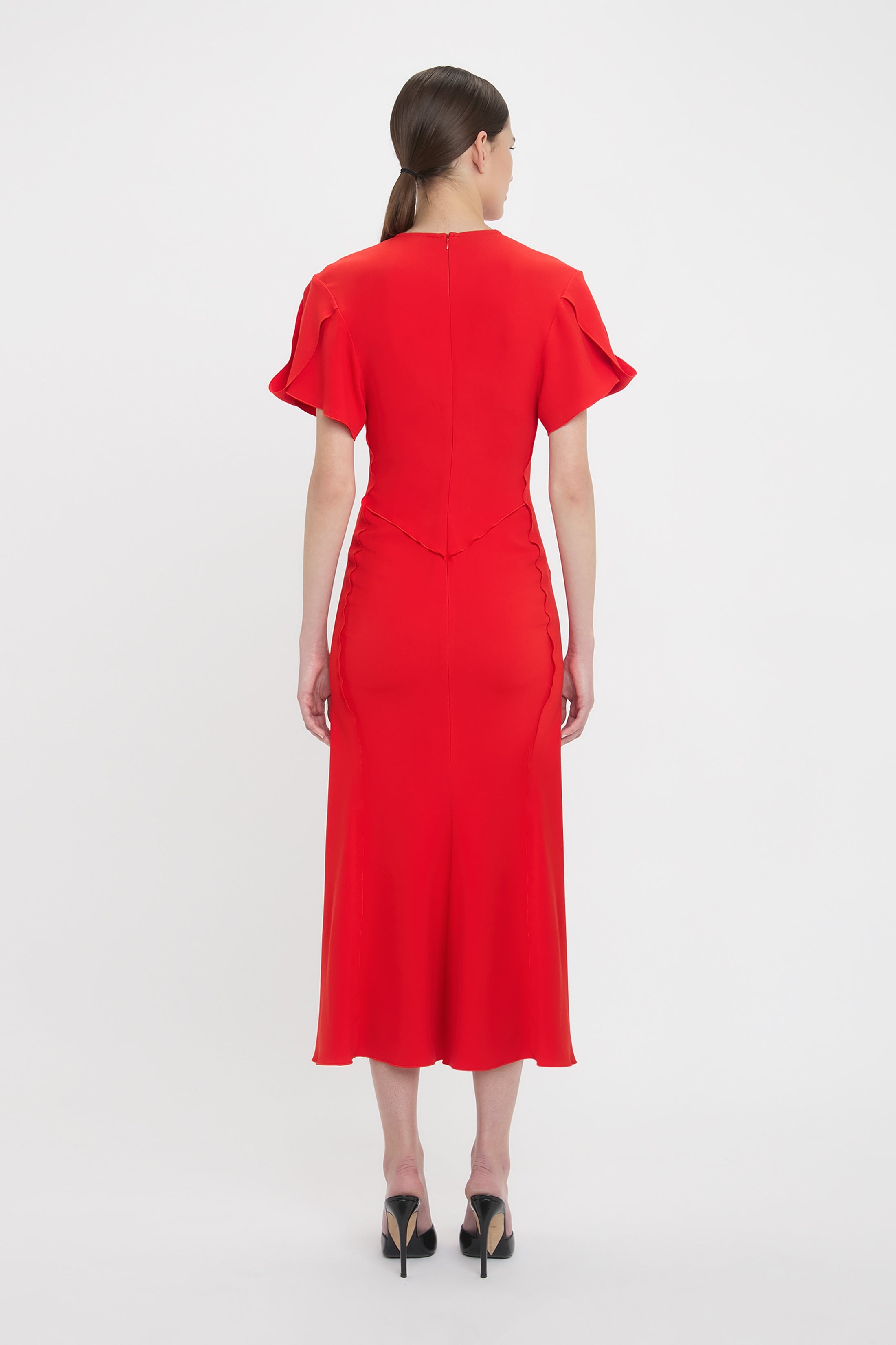 Gathered V-Neck Midi Dress In Tomato - 4