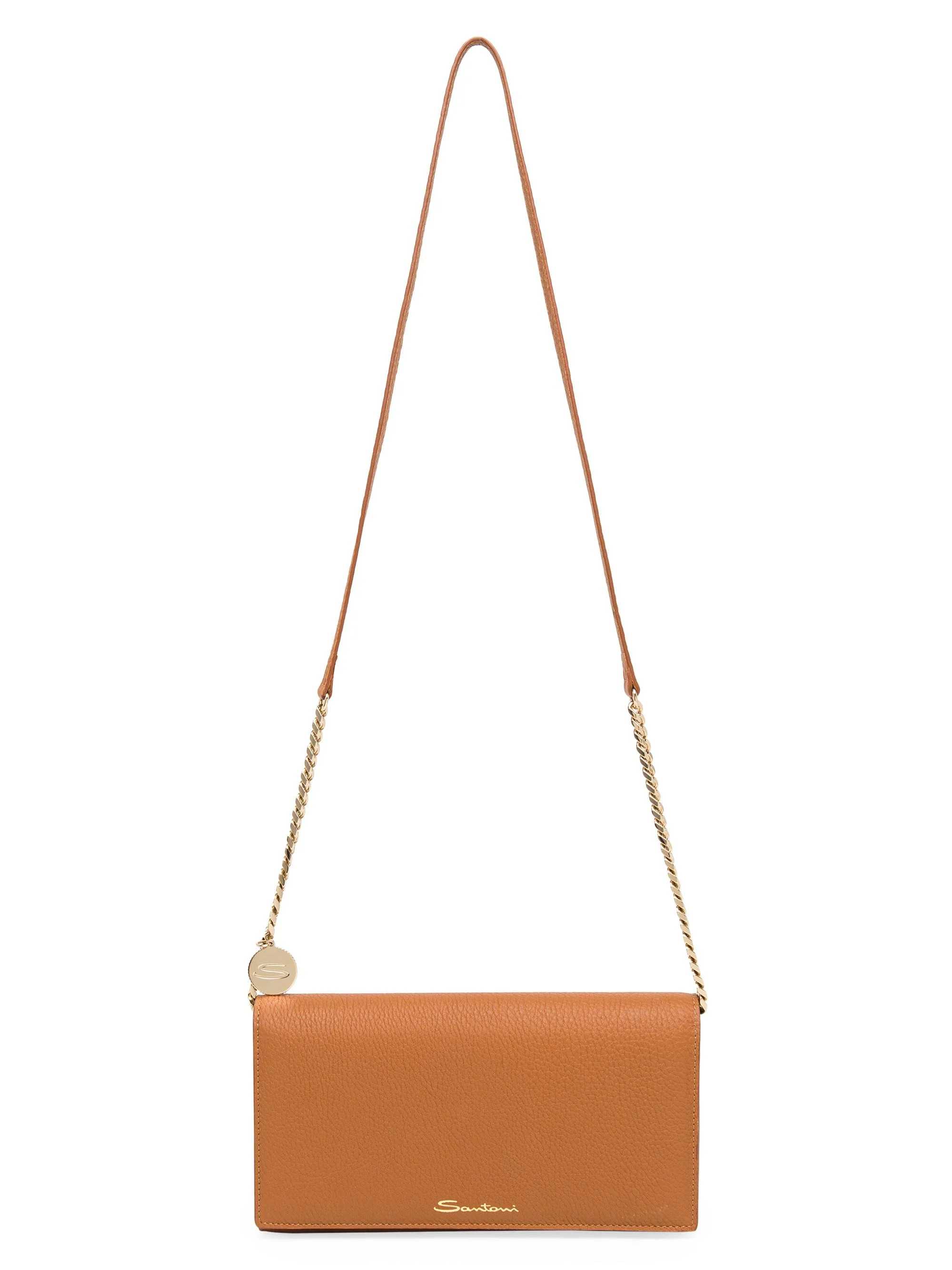 Women's Leather Wallet-On-Chain Crossbody Bag - Light Brown - 1