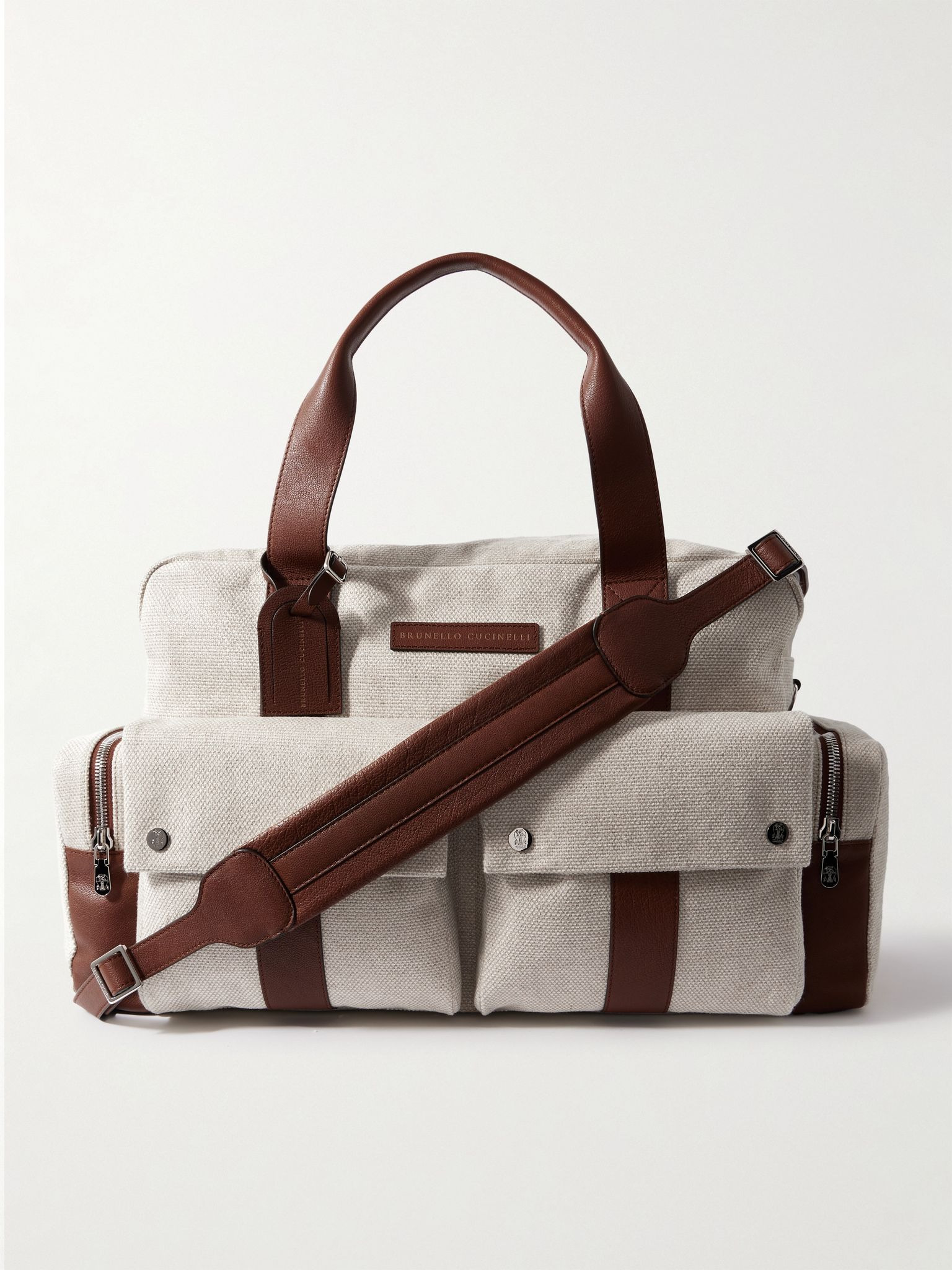 Leather-Trimmed Canvas Weekend Bag Beige - 1