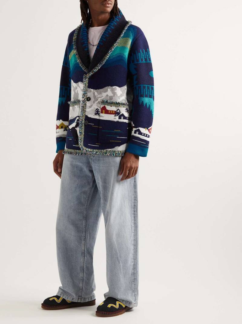 Alanui Arctic Surfers Shawl-Collar Fringed Cashmere Jacquard Cardigan outlook