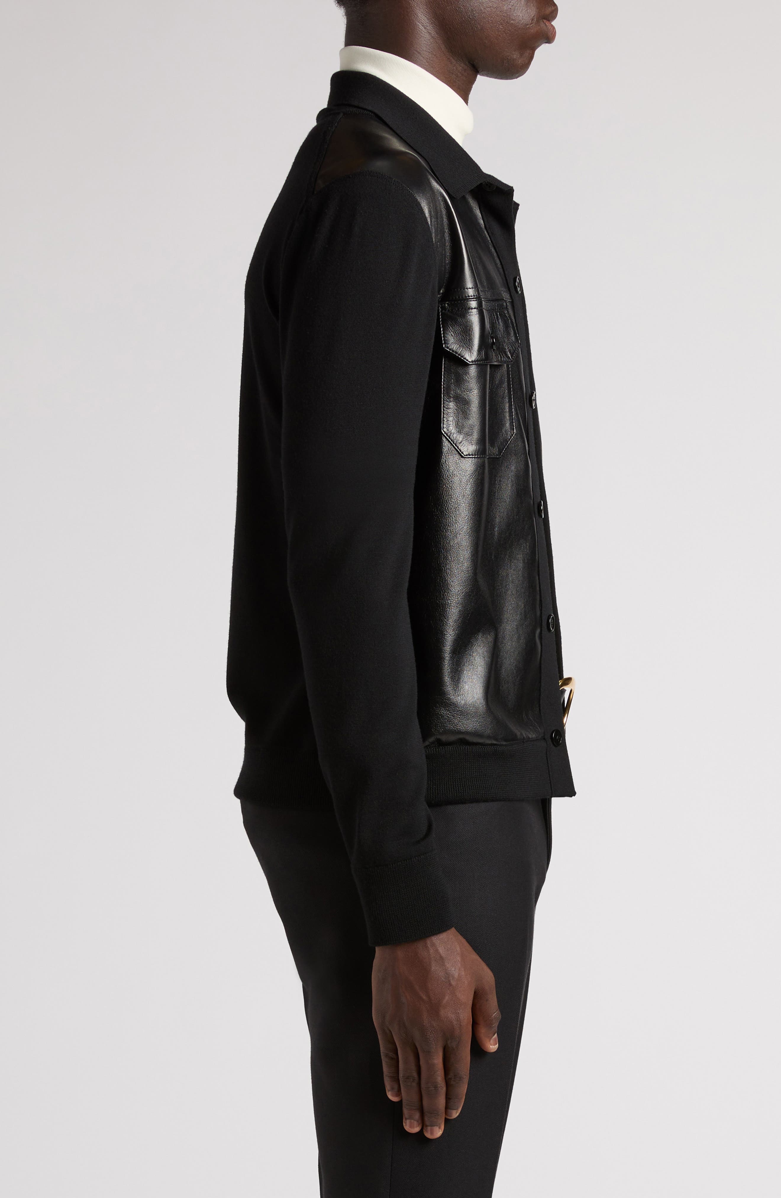 TOM FORD Mixed Media Leather & Wool Shirt Jacket in Lb999 Black at Nordstrom - 4