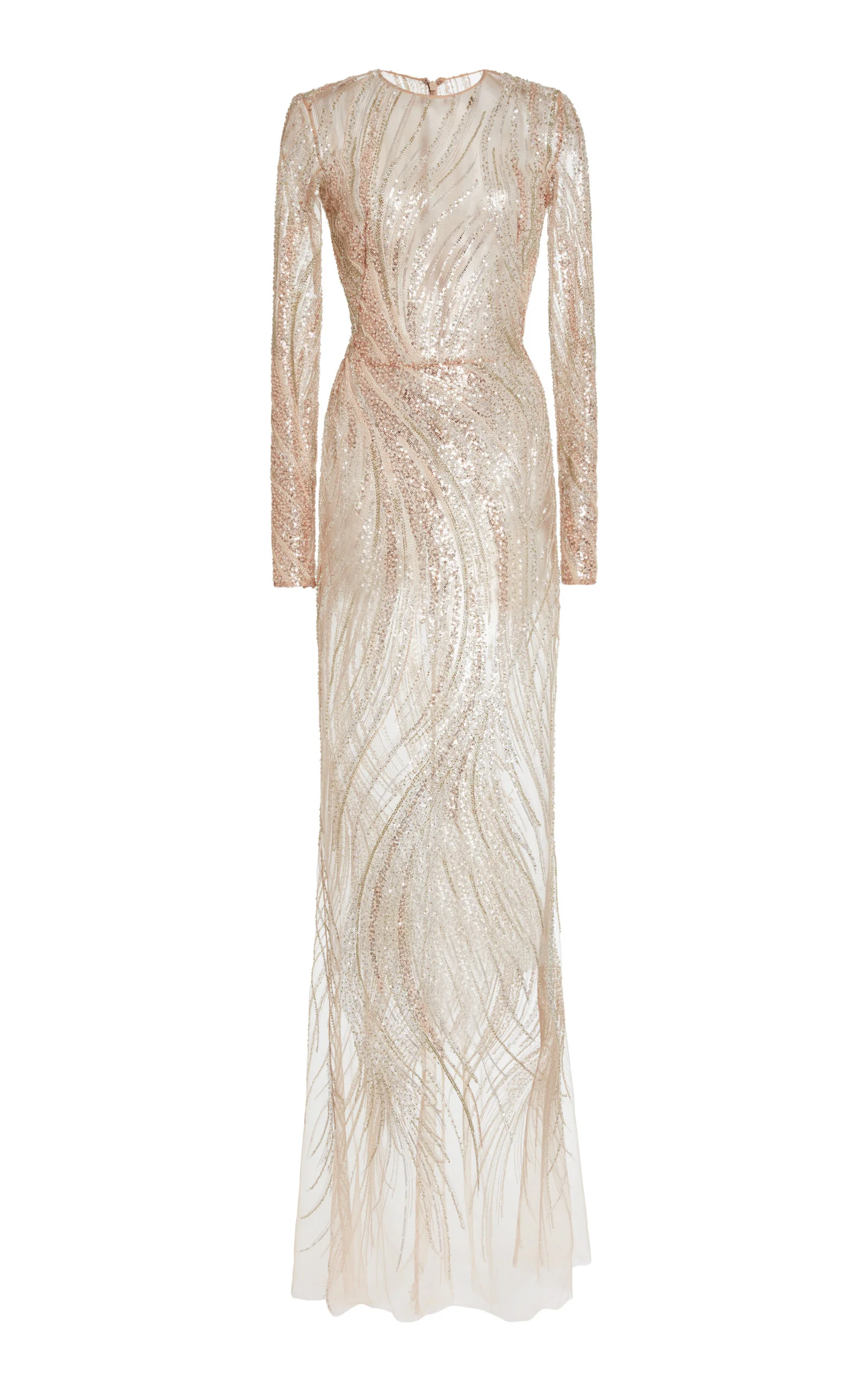 Embroidered Tulle Waves Long-Sleeved Maxi Dress metallic - 1