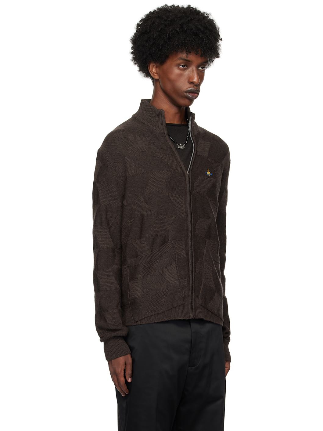 Brown Fisherman Zip-Up Sweater - 2