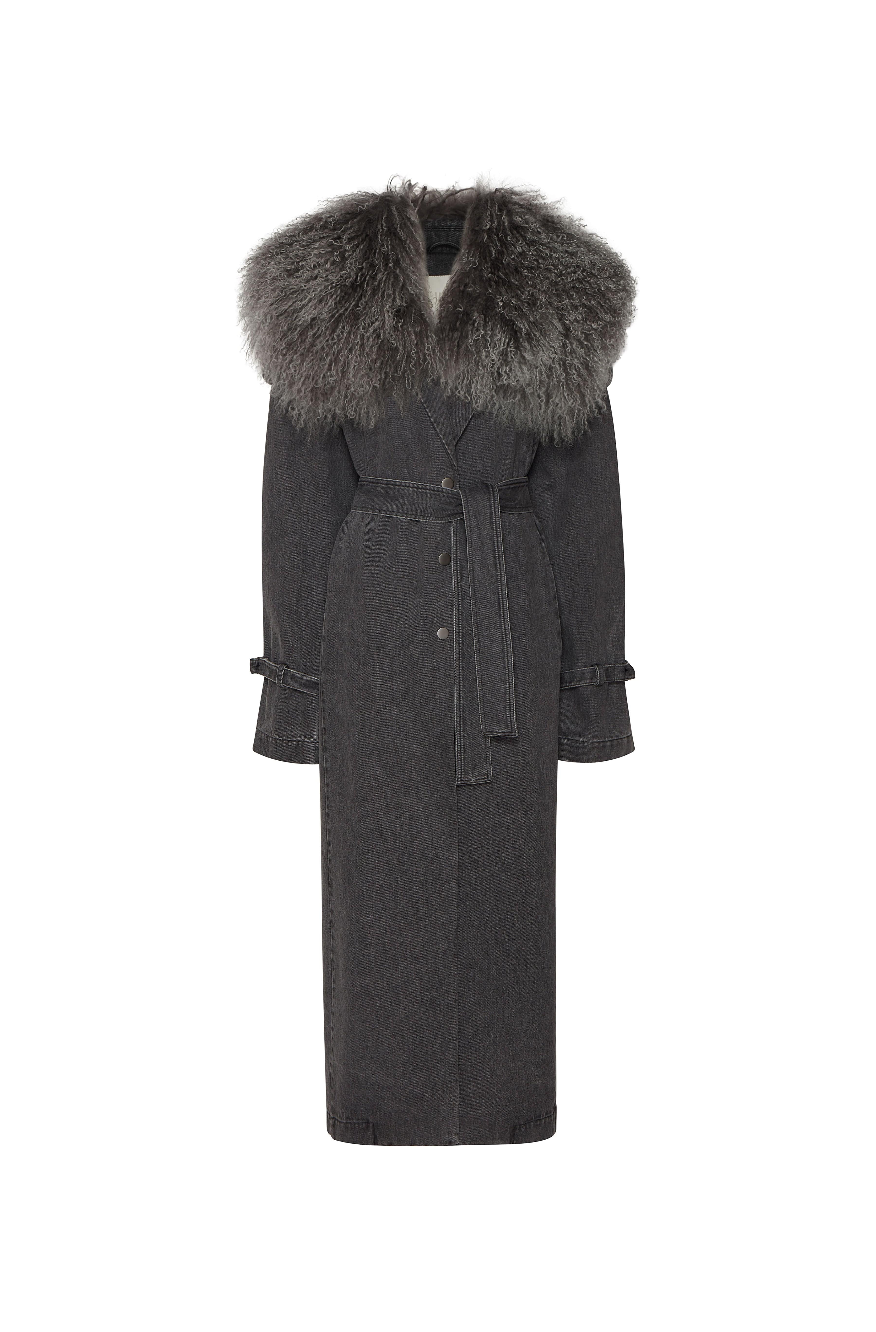 Washed Denim Relaxed Trench With Shearling - 4