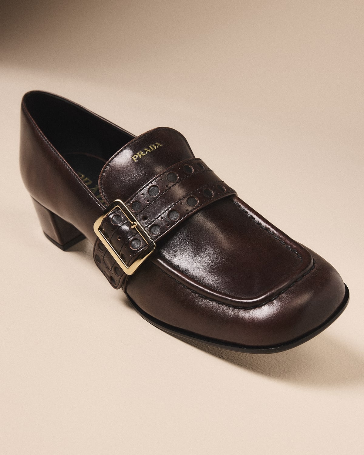 Perforated Leather Buckle Heeled Loafers - 2