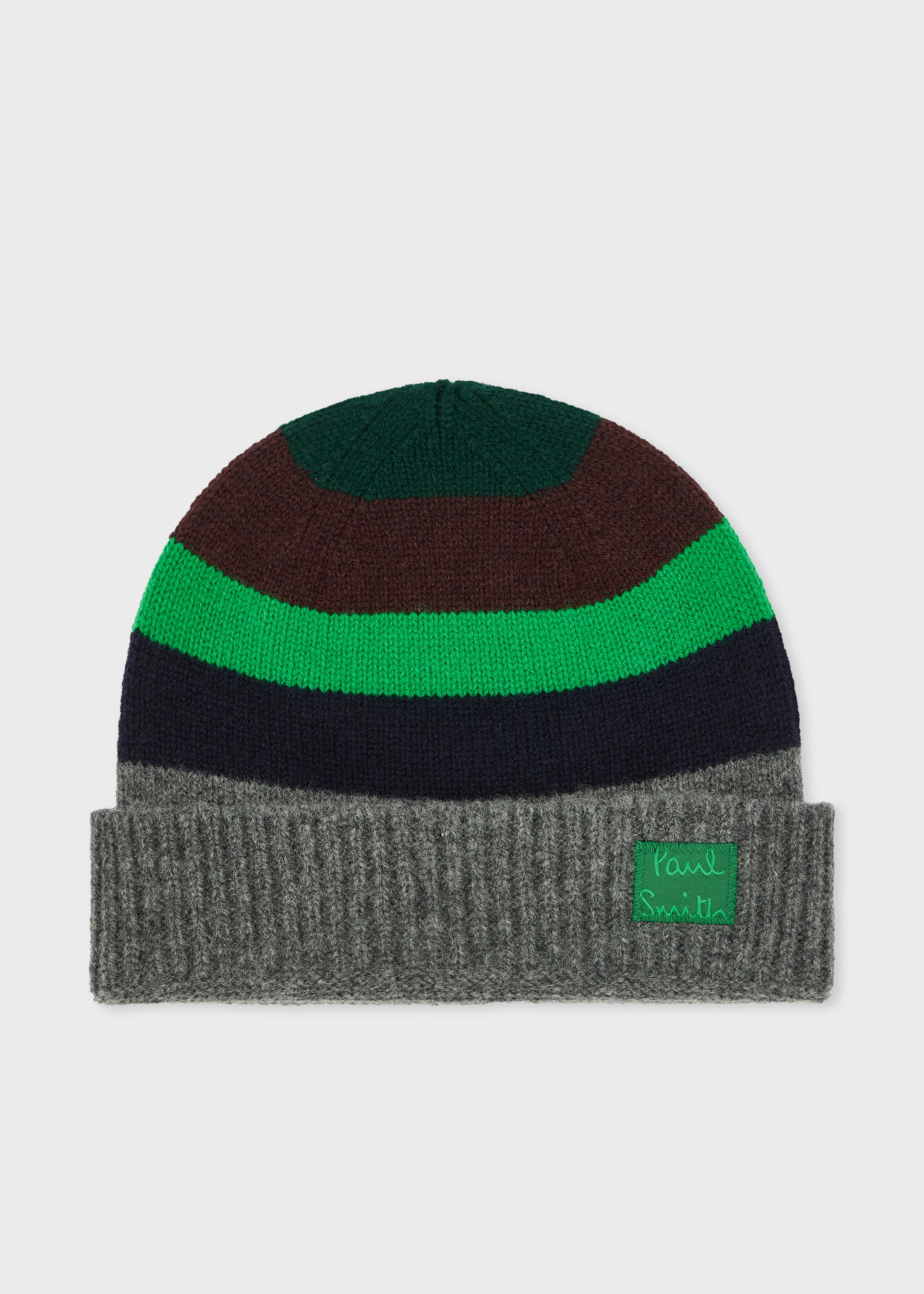 Grey and Green Stripe Wool Beanie - 1