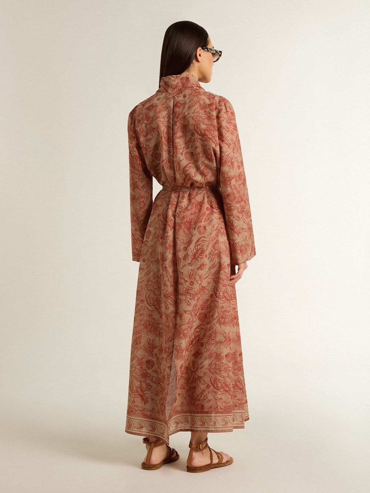 Women's kaftan in cotton voile with all-over brick-red marine print - 4