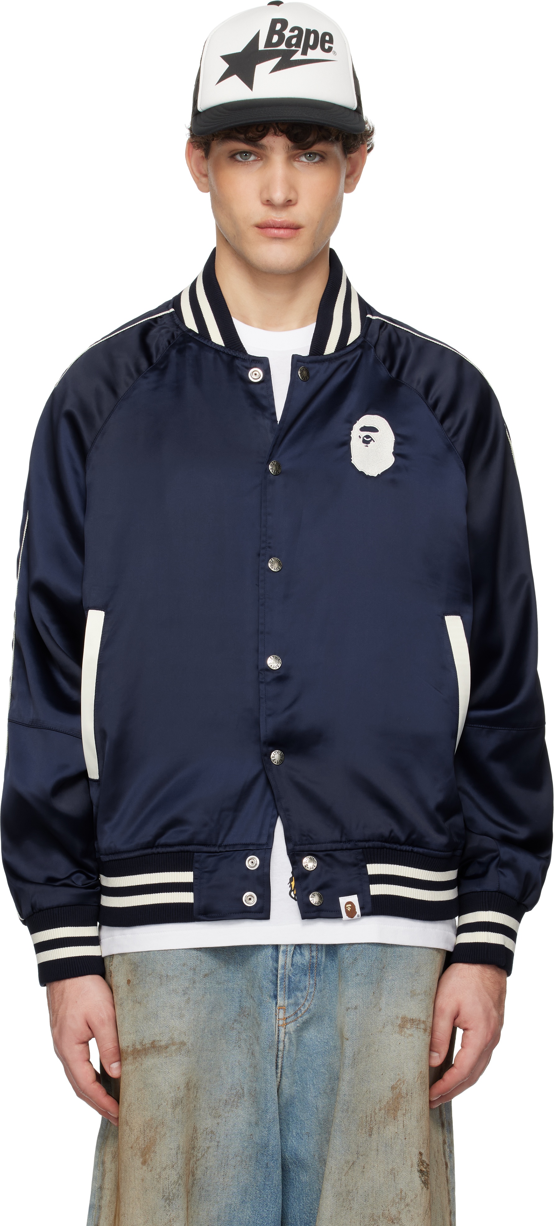 Navy 'A Bathing Ape' Nylon Varsity Bomber Jacket - 1