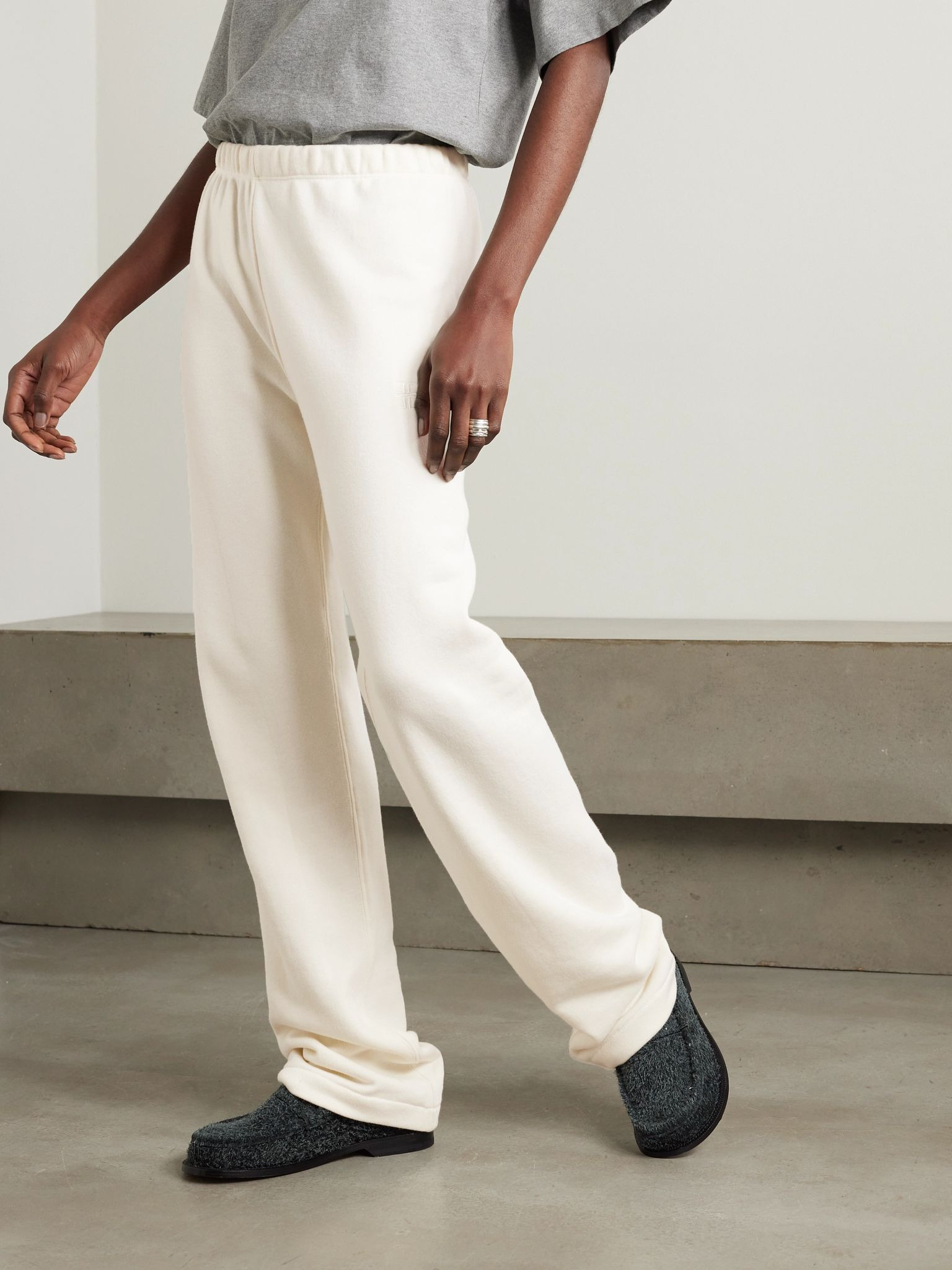 Cotton and modal-blend jersey straight-leg sweatpants Cream - 3