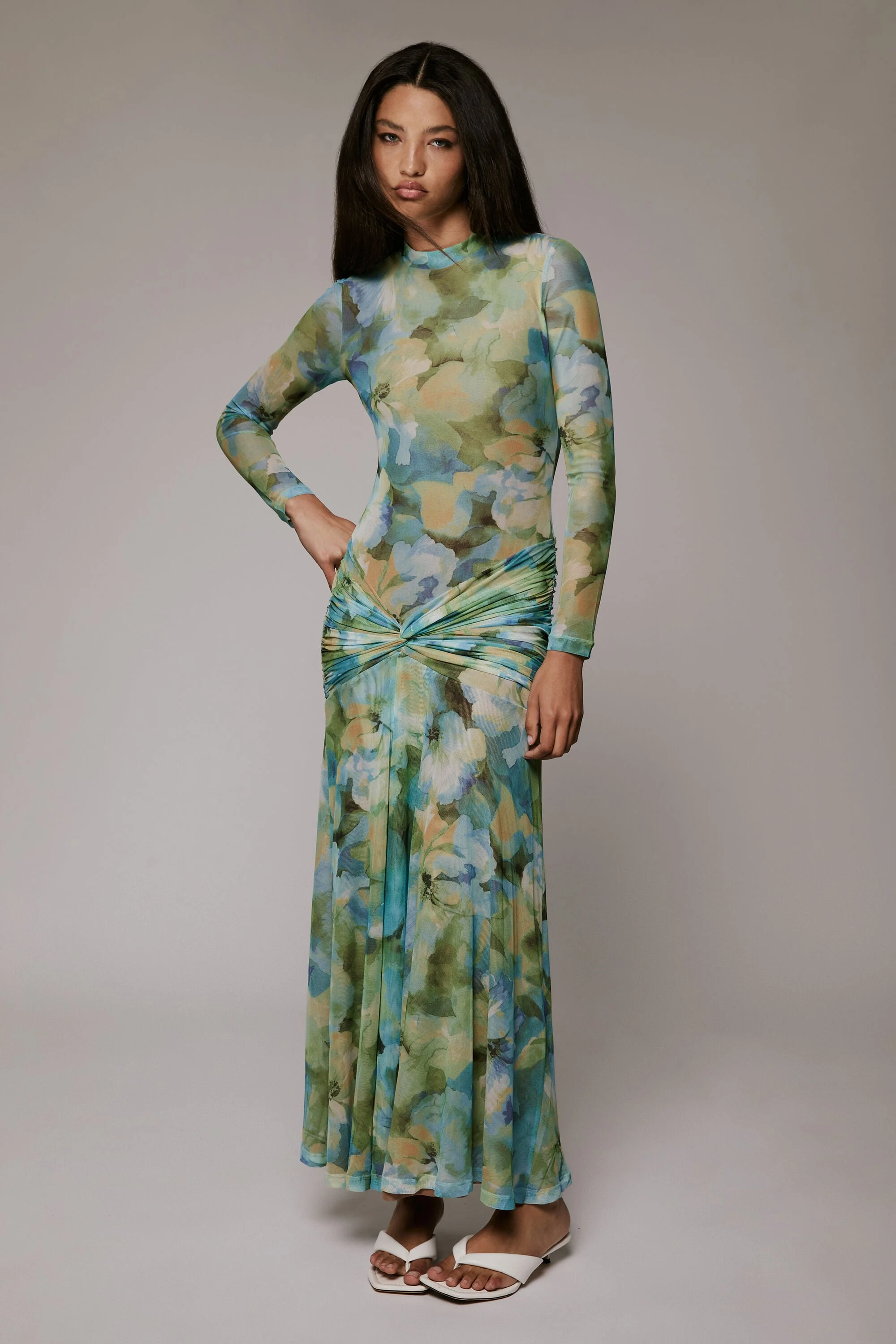 Lea Floral Mesh Dress In Green Floral - 1