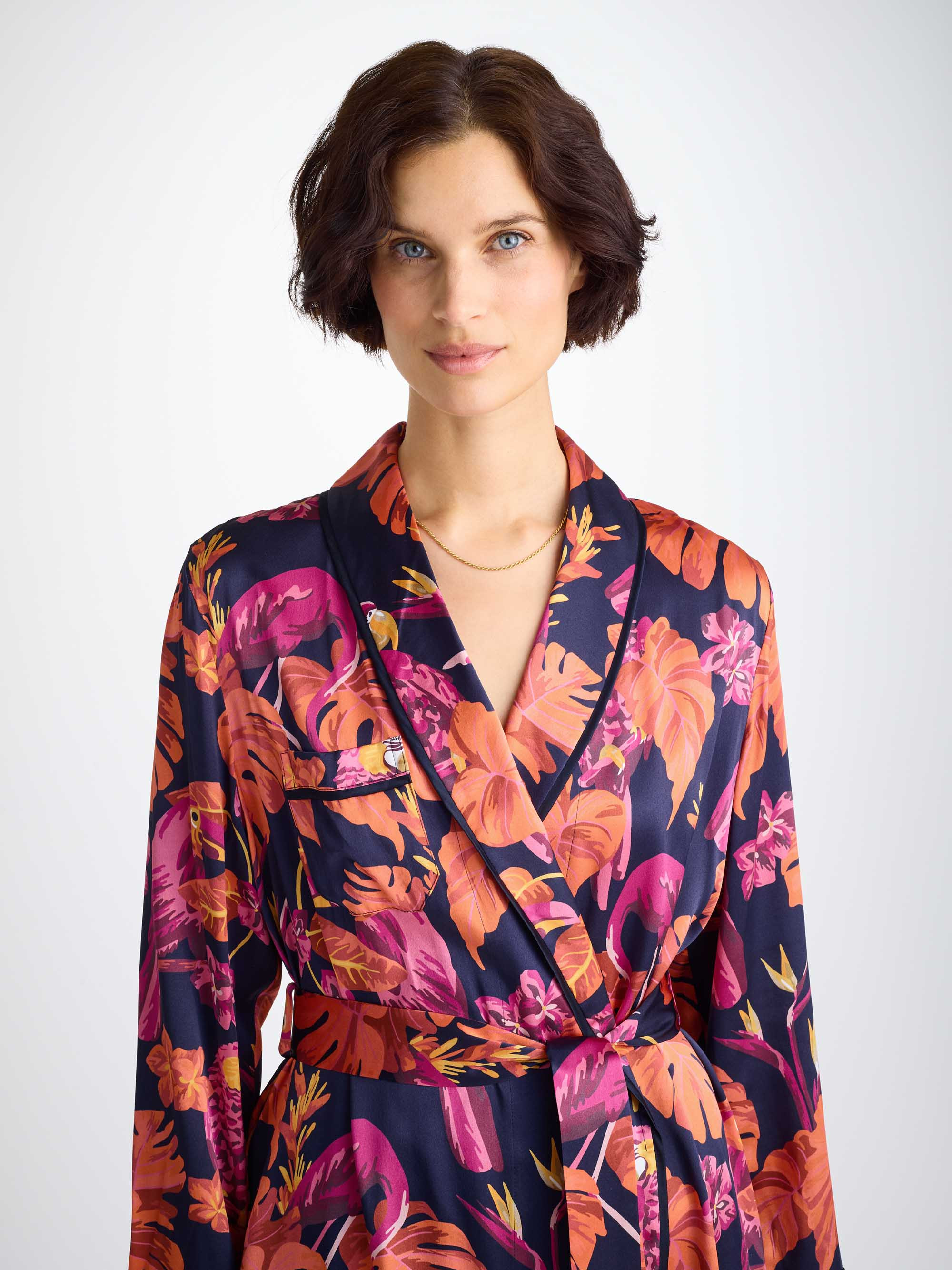 Women's Long Robe Silk Satin Navy Jungle Birds Pattern - 5