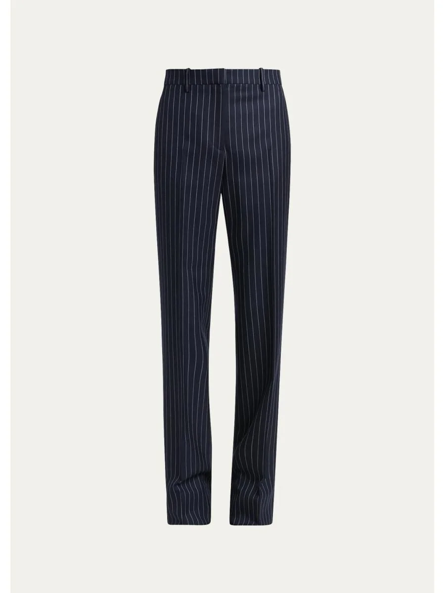 Corded Chalkstripe Wool Tailored Straight-Leg Boyfriend Pants - 1