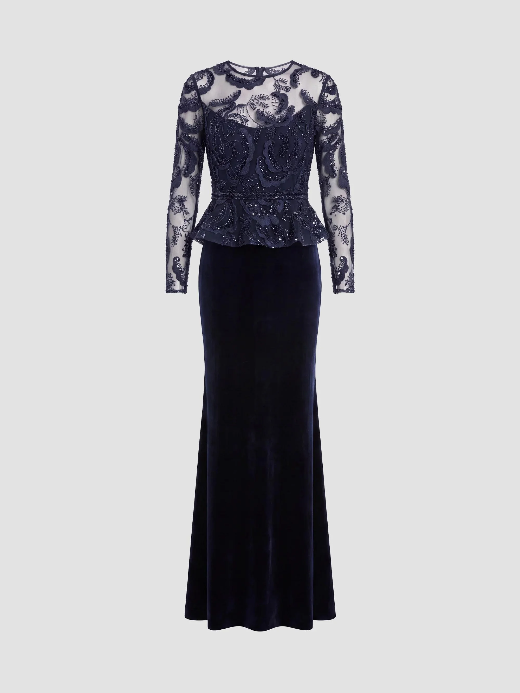 Women's Embroidered Peplum Velvet Gown - Midnight - 1