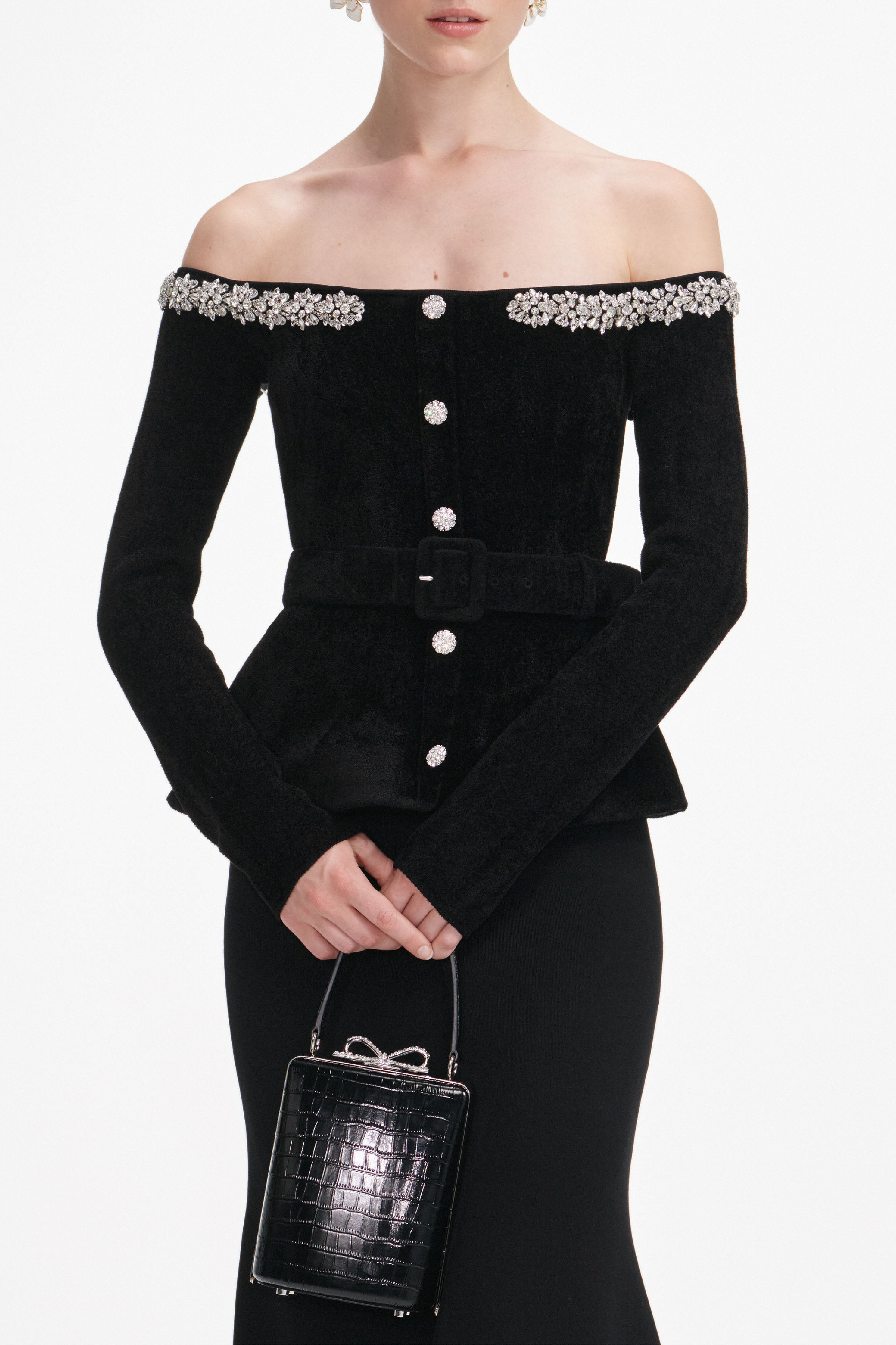 BLACK CHENILLE KNIT CRYSTAL TRIM MIDI DRESS - 4