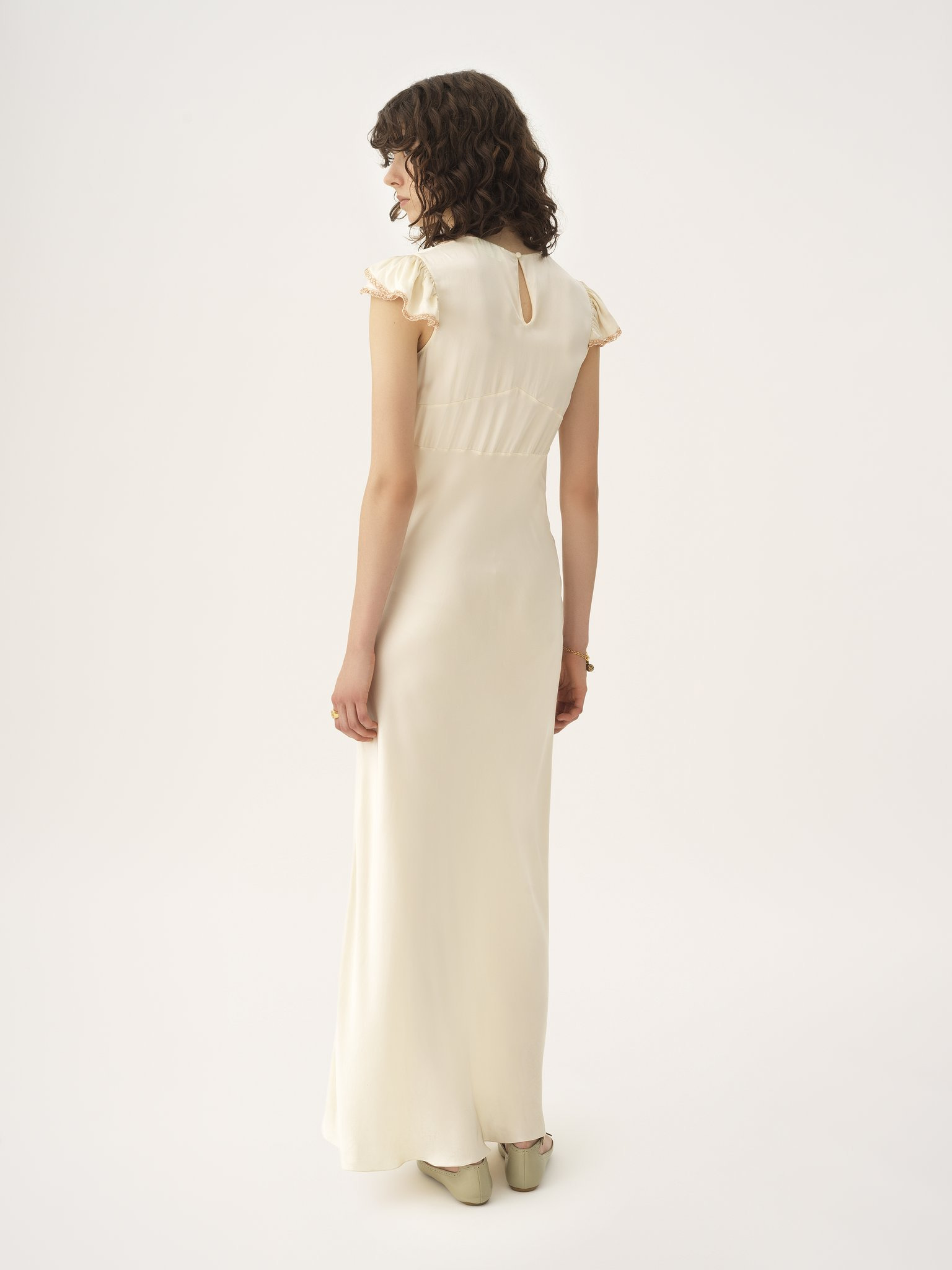 CAP-SLEEVE COLUMN DRESS IN WASHED SILK SATIN & LACE - 5