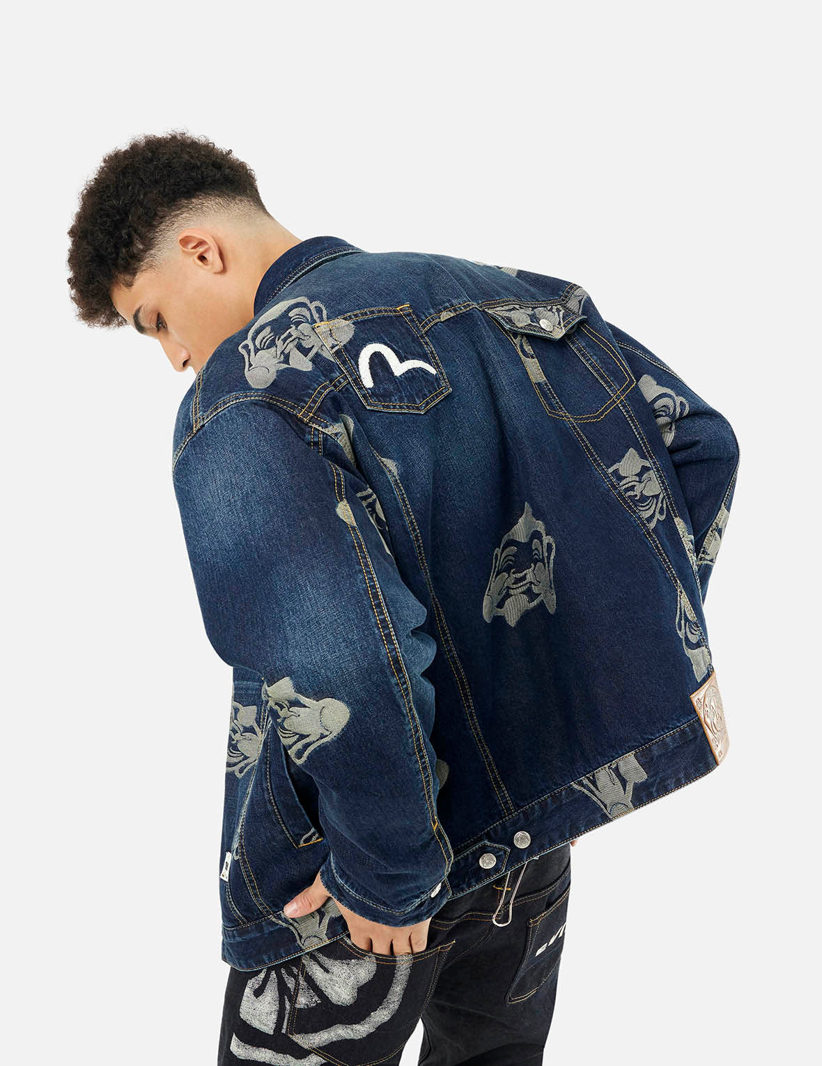 Allover Godhead Jacquard and Seagull Embroidery Loose Fit Deconstructive Denim Jacket - 8