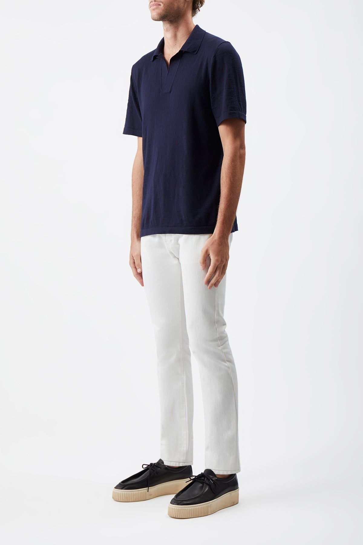 Stendhal Knit Short Sleeve Polo in Navy Cashmere - 3