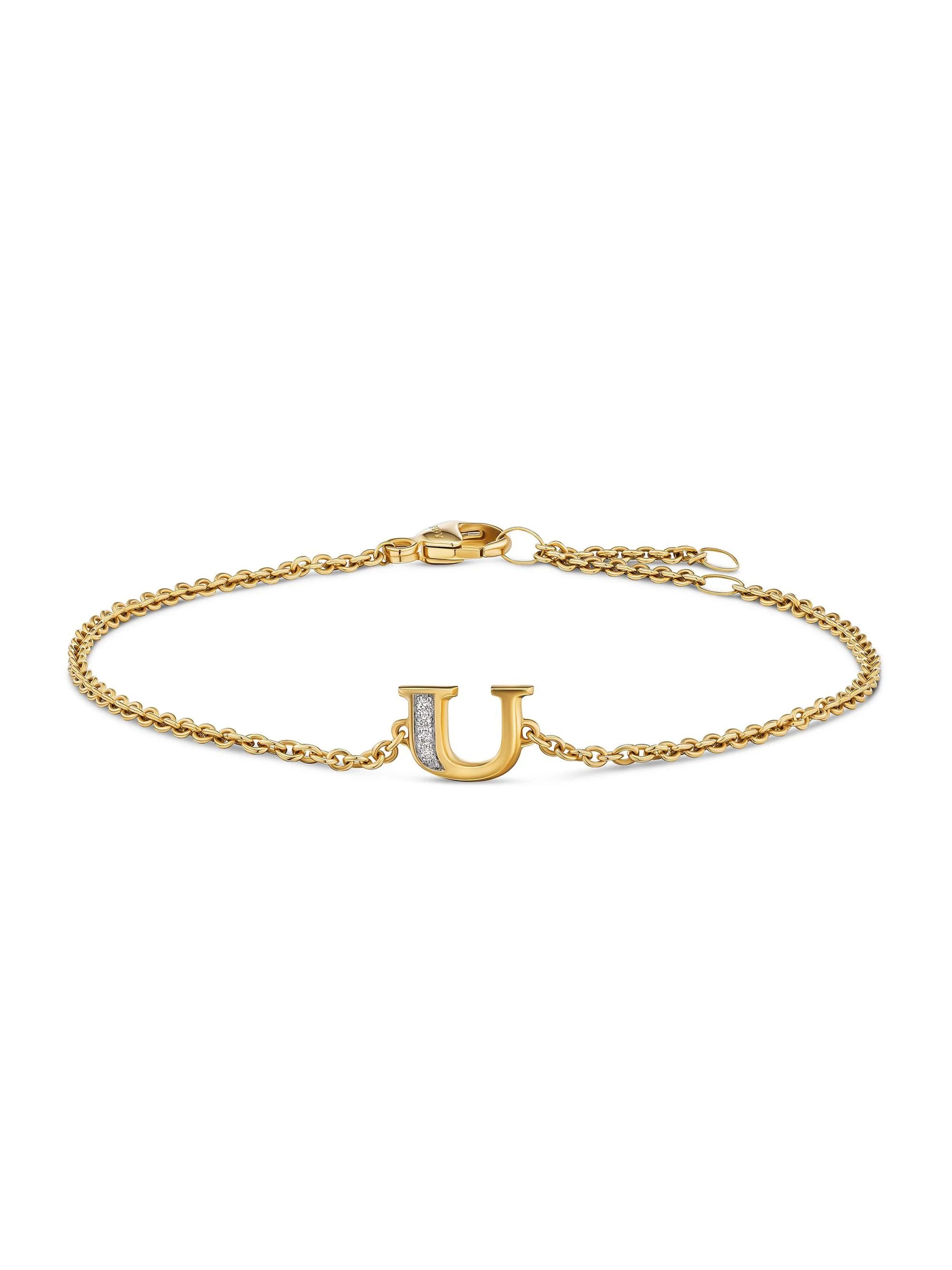 Women's Petite Pavé Initial Chain Bracelet in 18K Yellow Gold - Initial U - 1