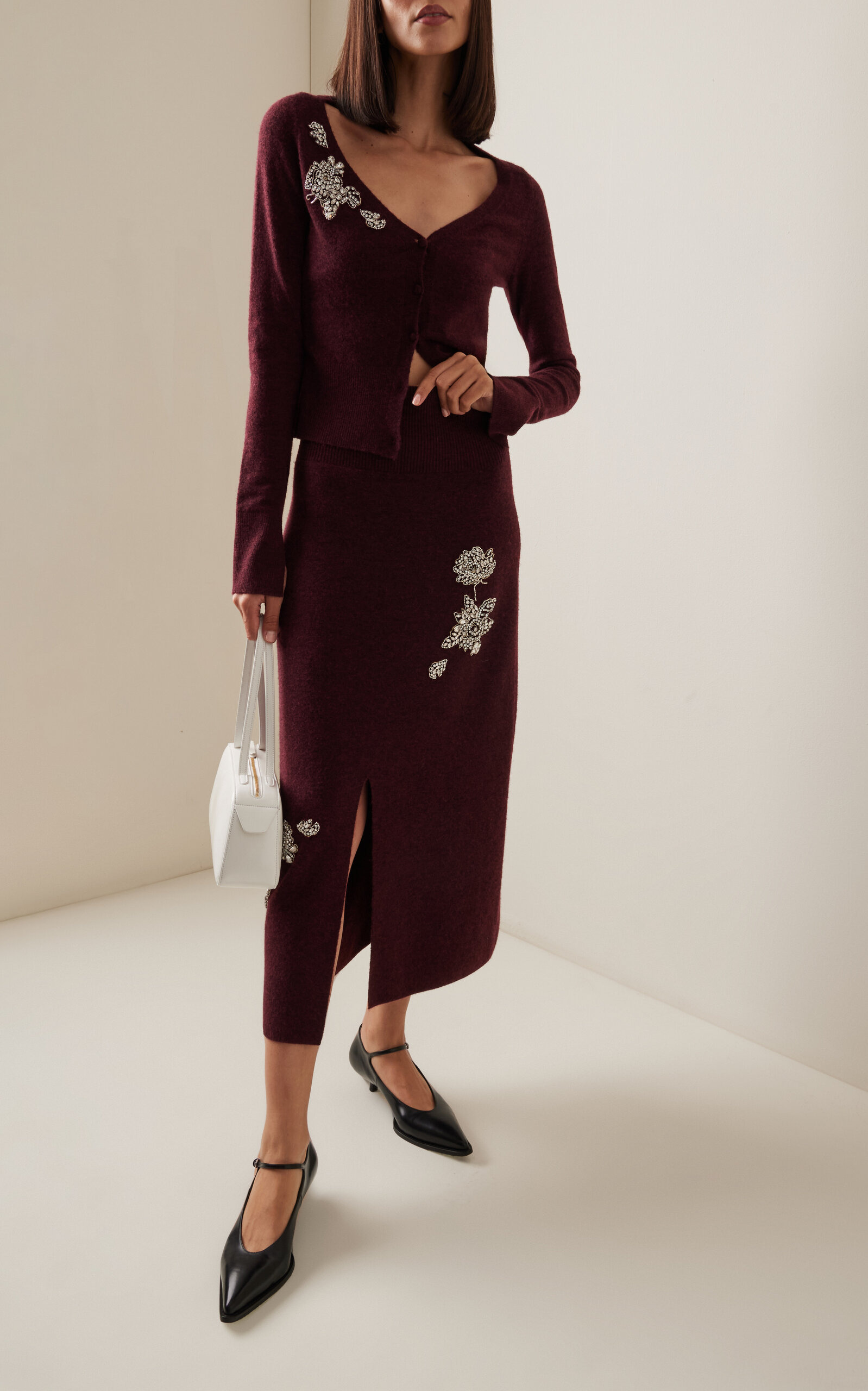 Embroidered Knit Midi Skirt burgundy - 2