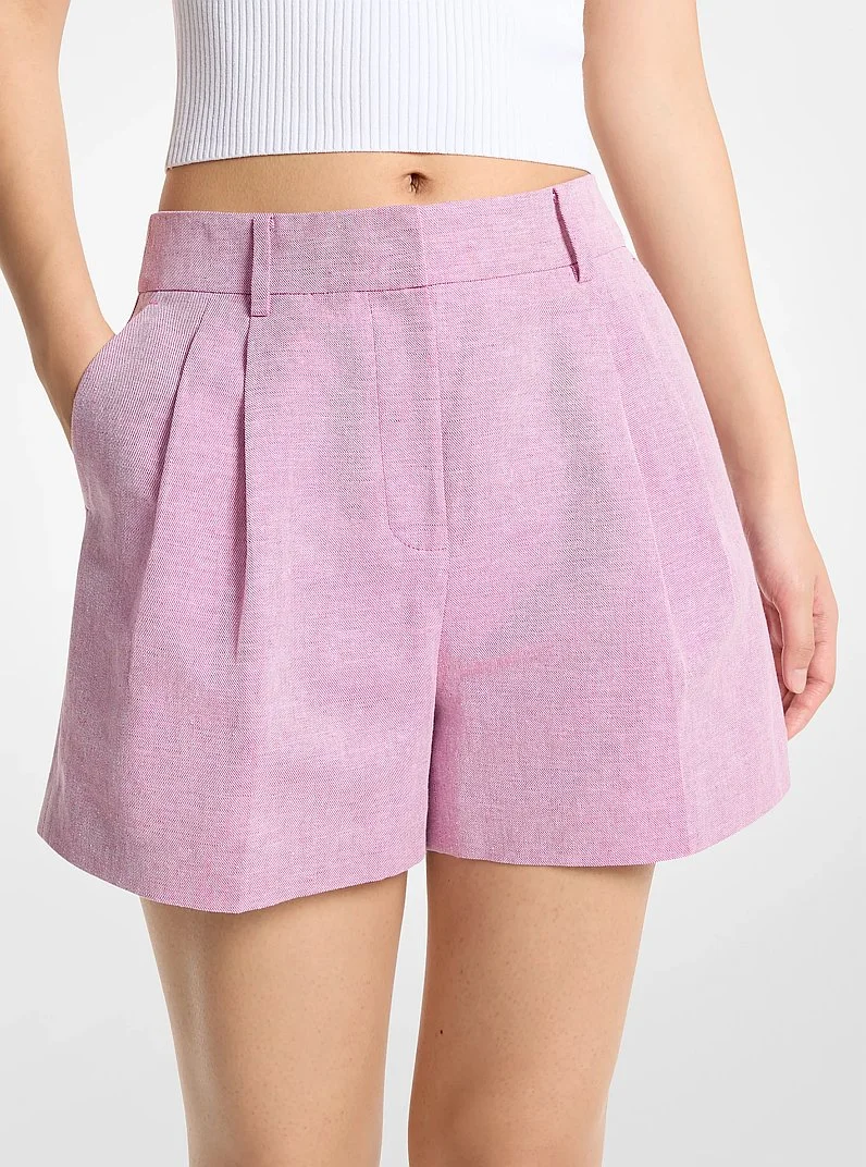 Pleated Linen and Cotton Shorts - 1