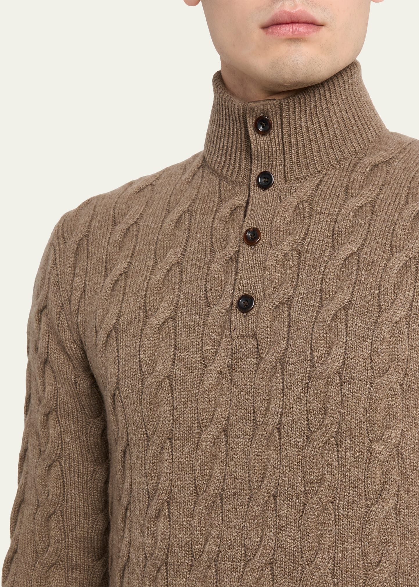 Men's Cashmere Cable Knit Half-Placket Mock Neck Sweater - 5
