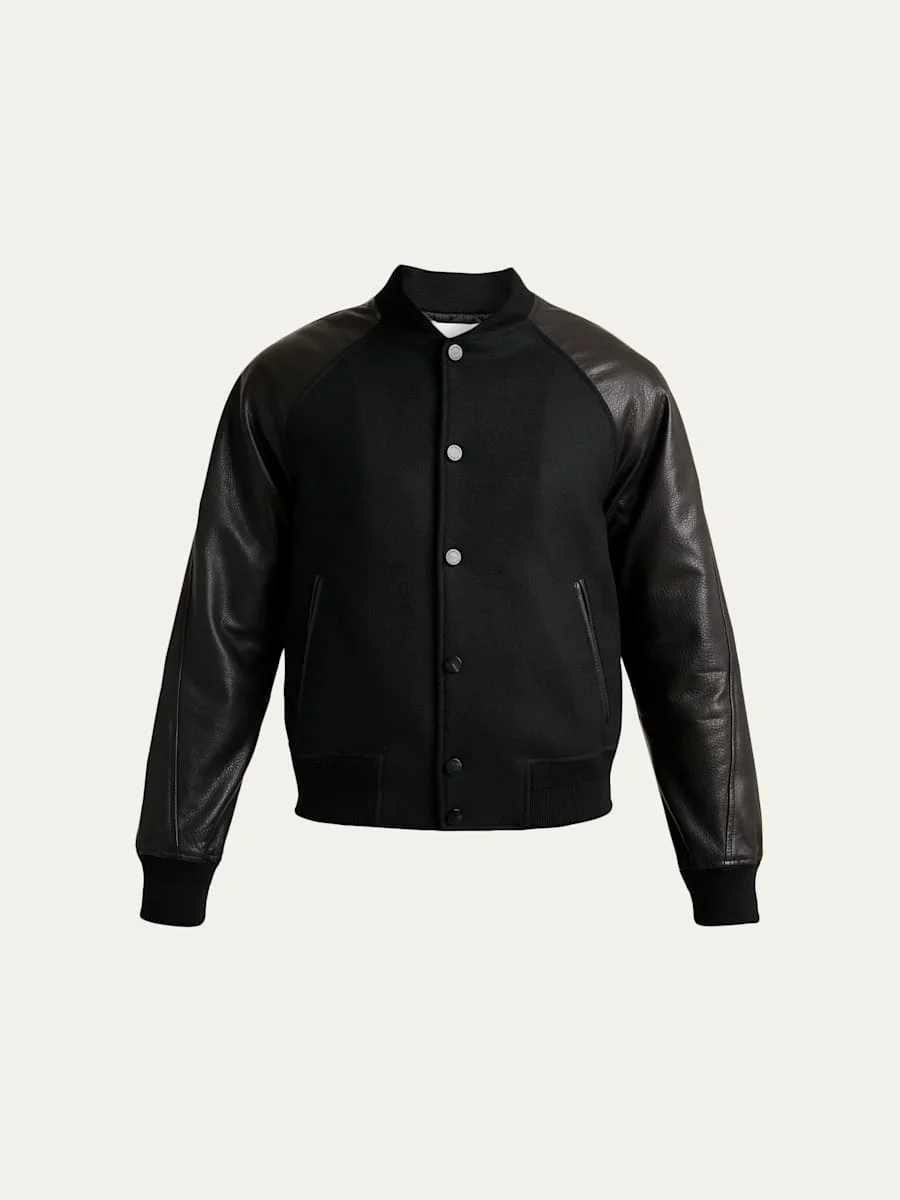 Men's Mixed Material Wool and Leather Bomber Jacket - 1