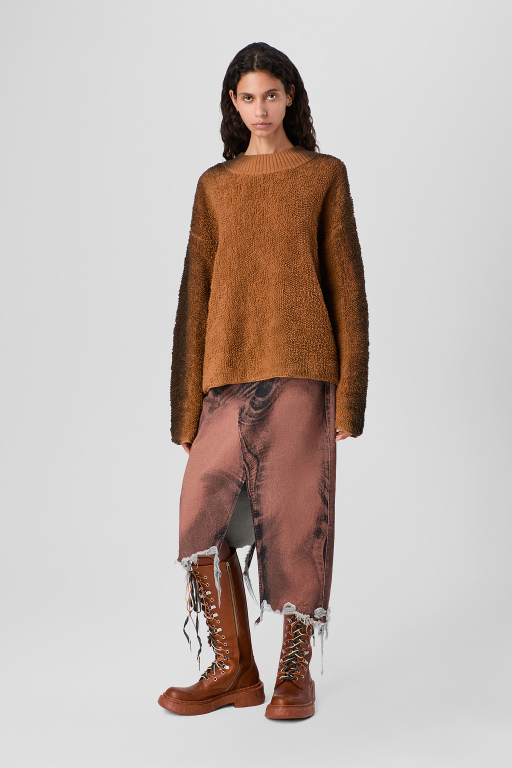 Brown-black asymmetric denim skirt - 4