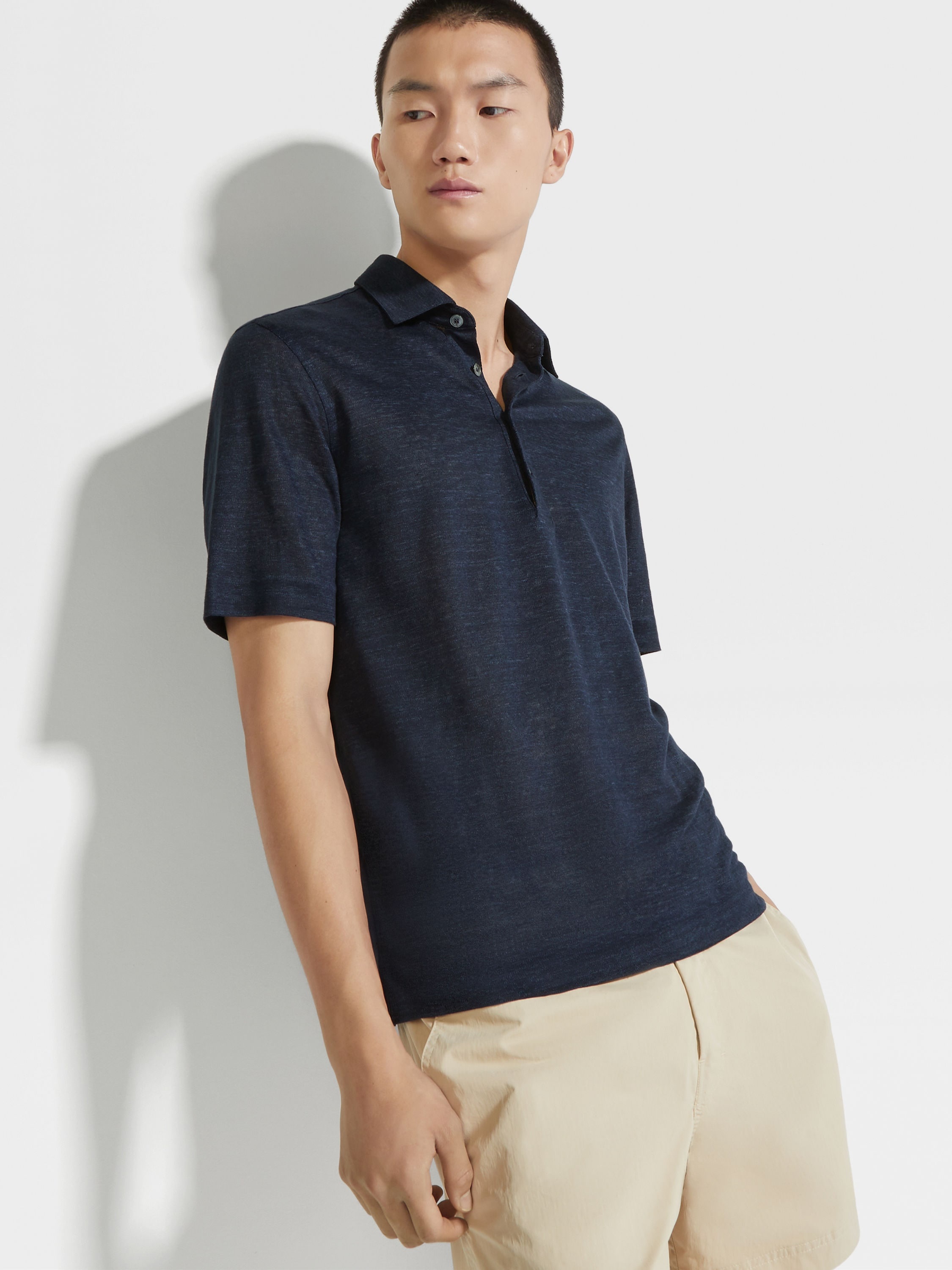 NAVY BLUE LINEN POLO SHIRT - 3