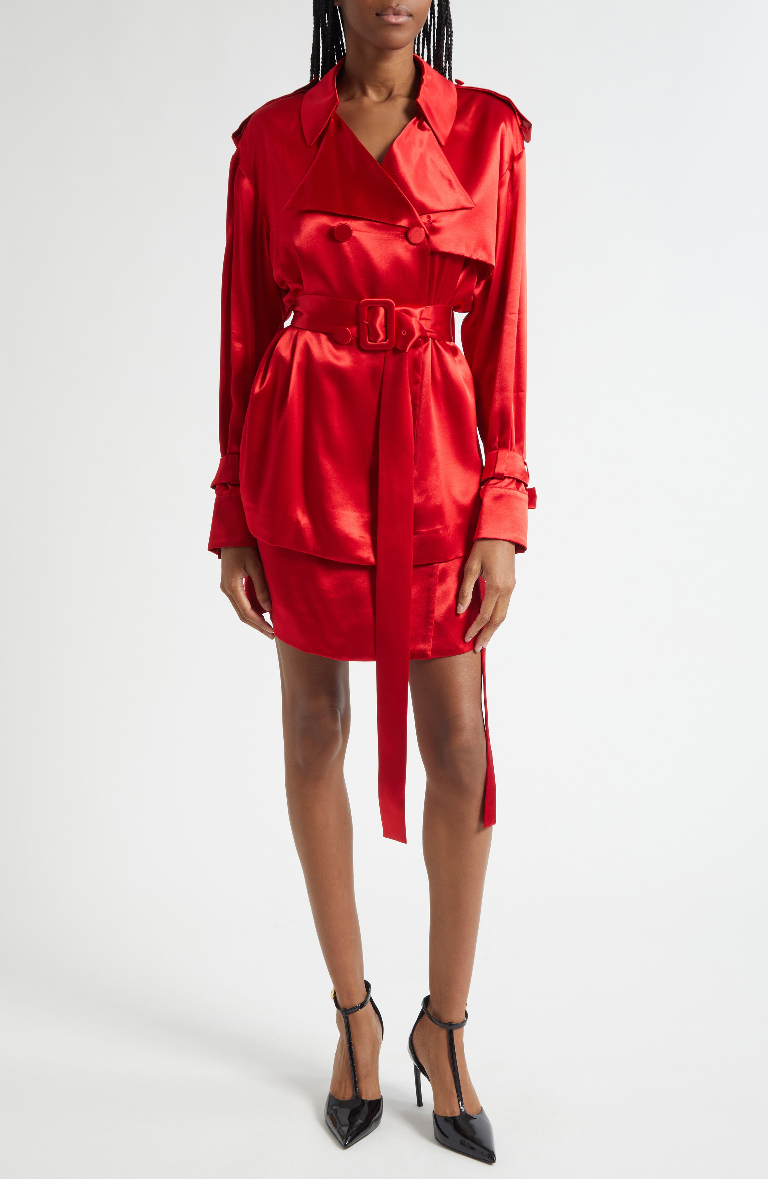 FERRAGAMO Long Sleeve Satin Trench Shirt in Dark Red at Nordstrom - 2