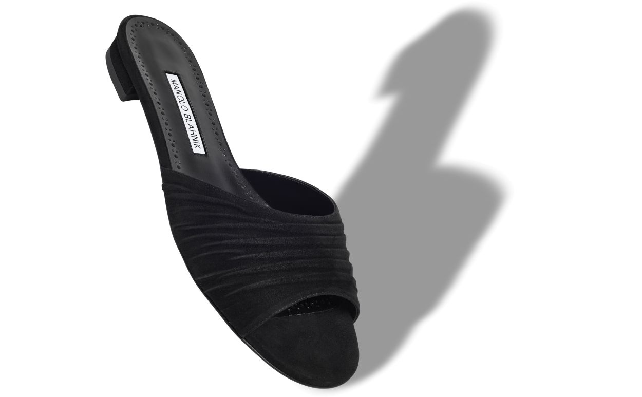 Black Suede Ruched Detail Flat Sandals - 2