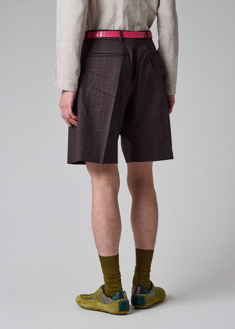 Aubergine Wool Check Pleated Shorts 8