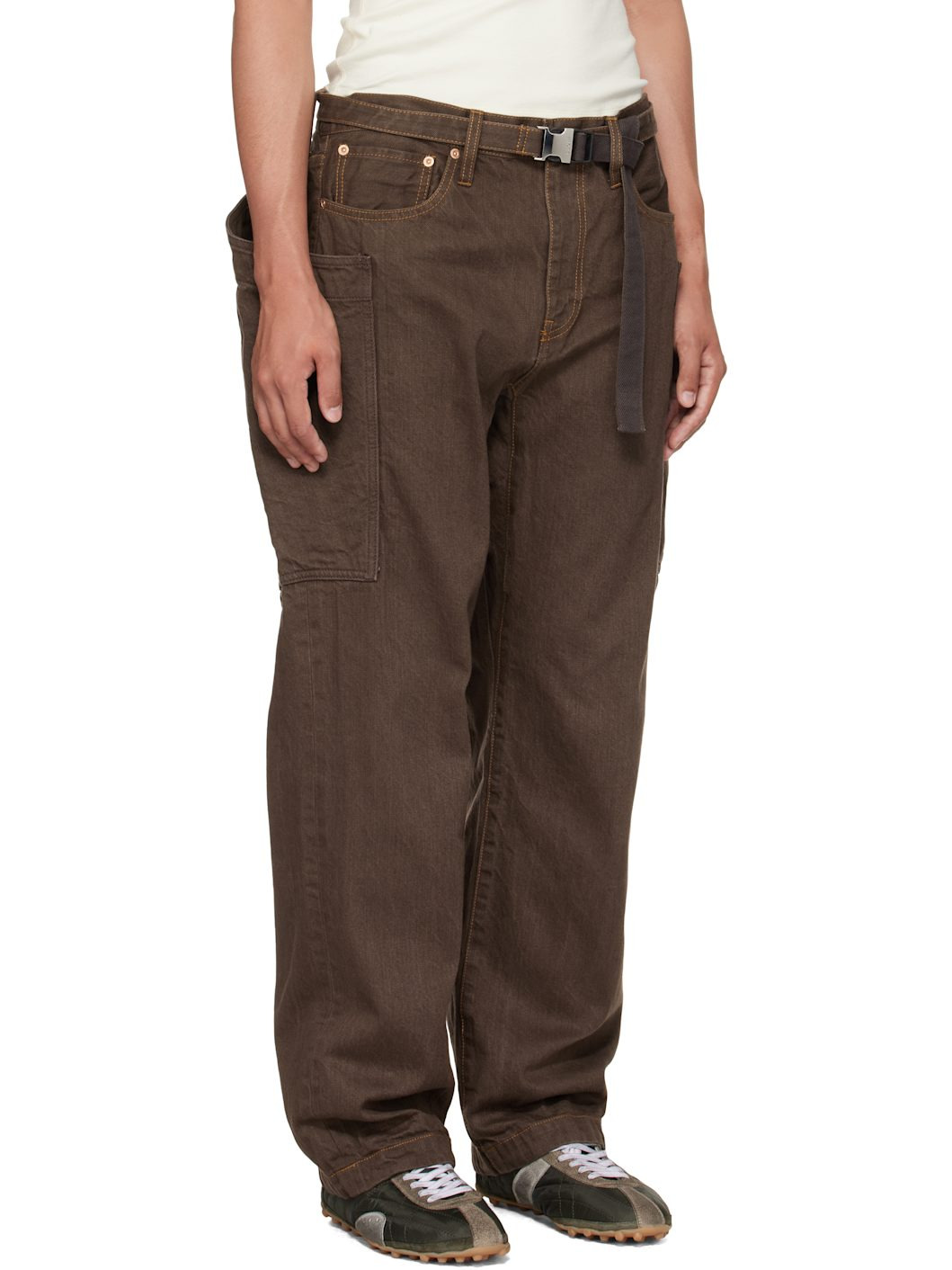 Brown Belted Denim Cargo Pants - 2