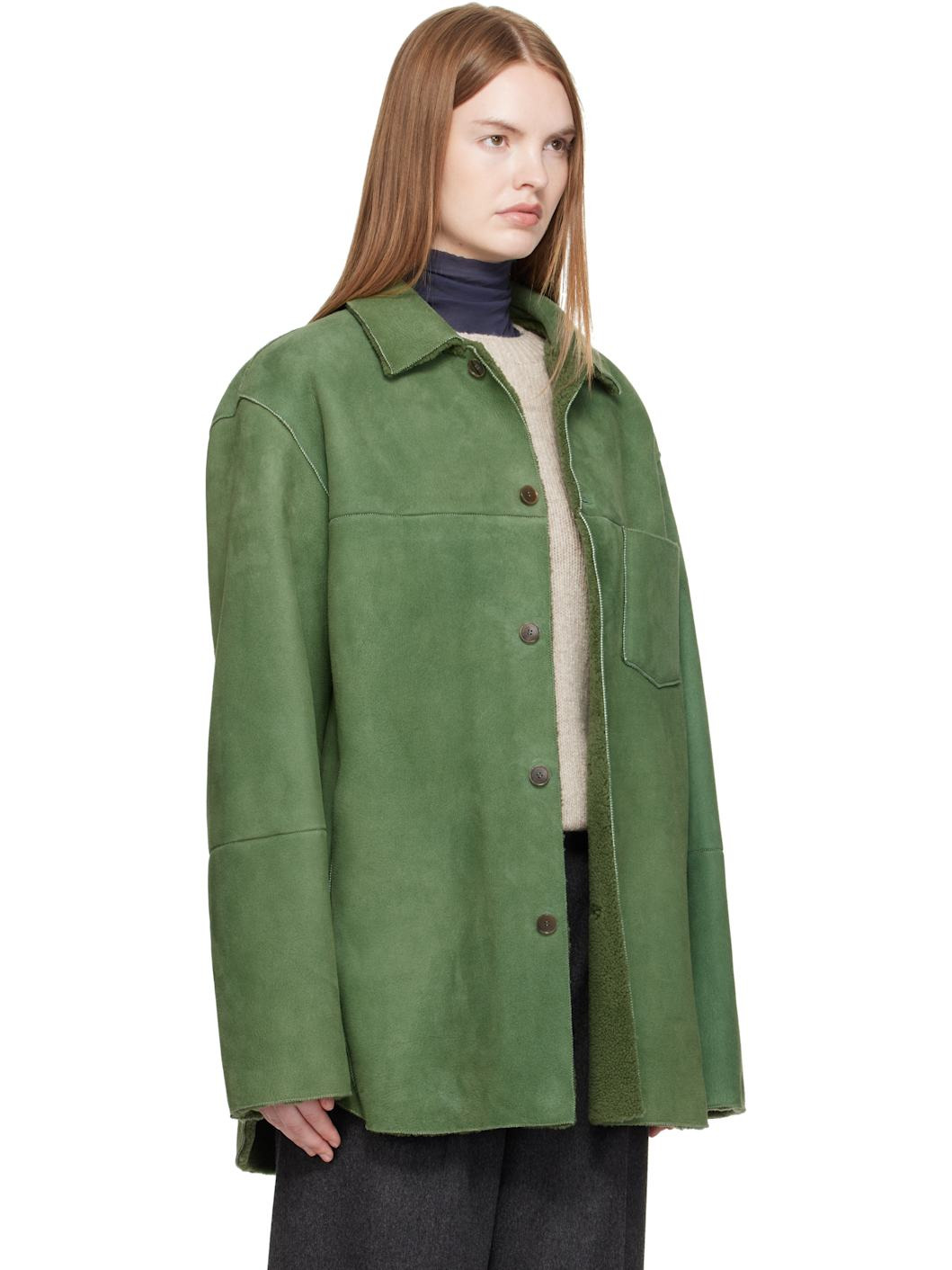 Green Merino Mouton Shearling Shirt Jacket - 2