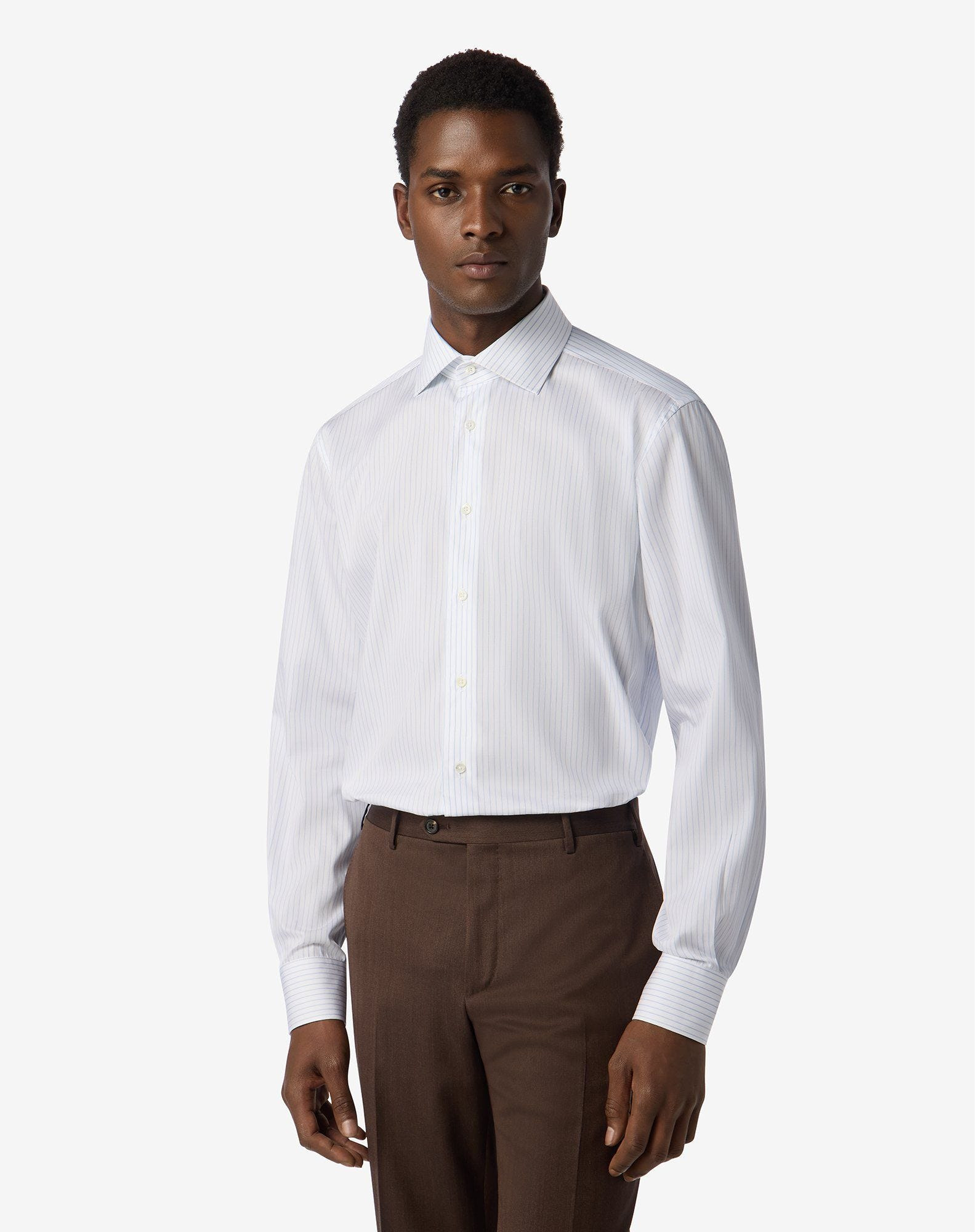 White cotton twill shirt with light Blue micro stripes - 2