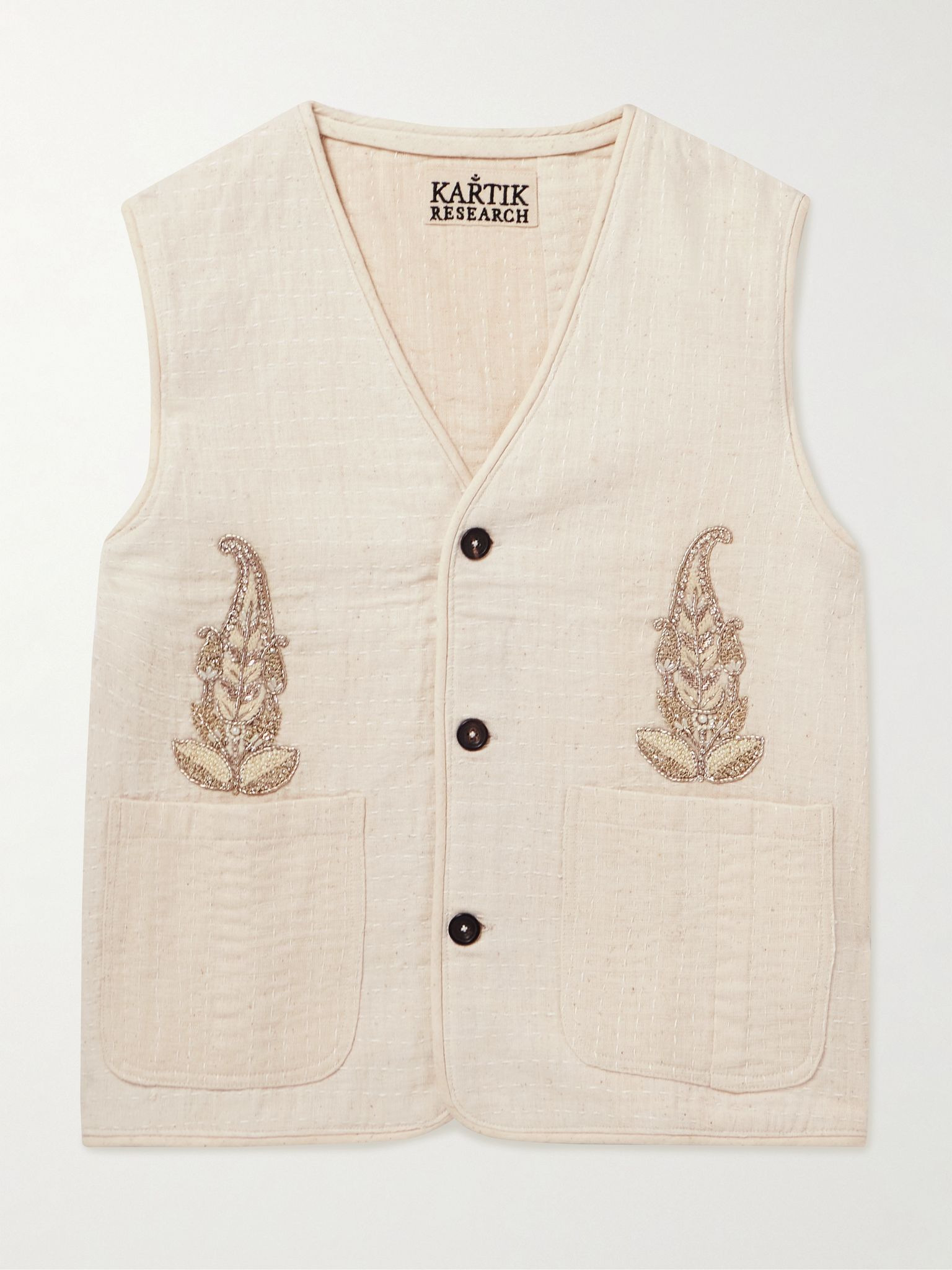 Kantha Embellished Embroidered Cotton Vest Beige - 1