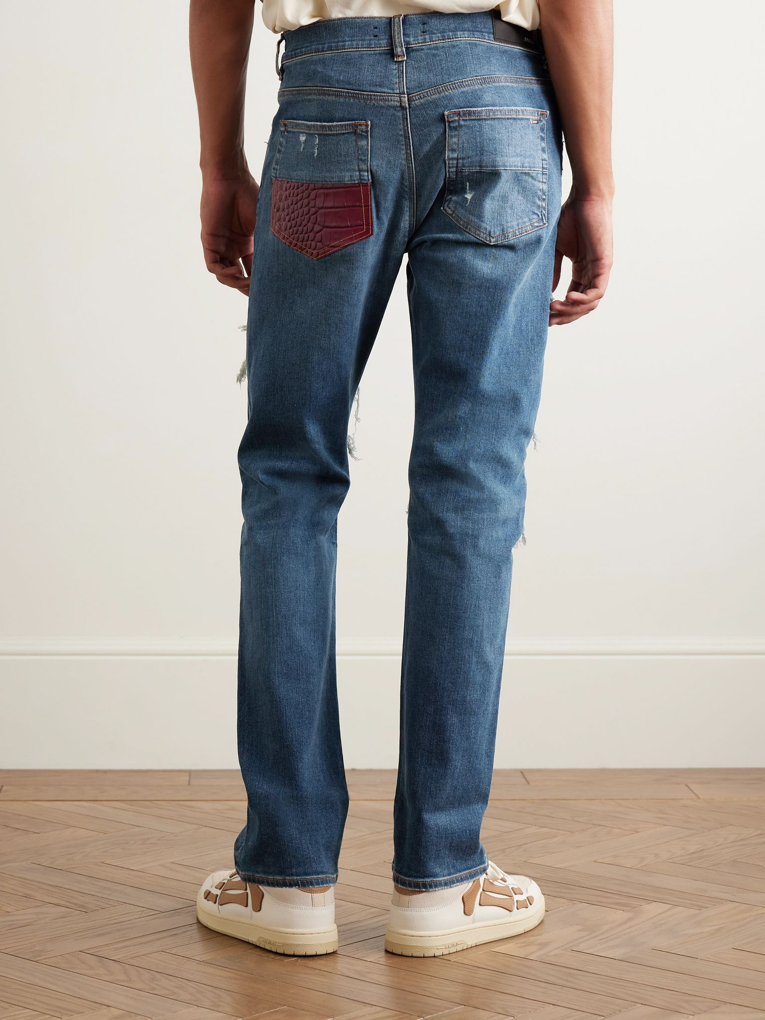 Thrasher Slim-Fit Distressed Croc-Effect Leather-Trimmed Panelled Jeans Blue - 4