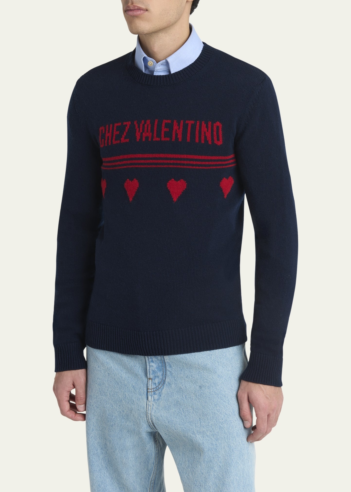 Men's Wool Chez Valentino Heart Jacquard Crewneck Sweater - 4