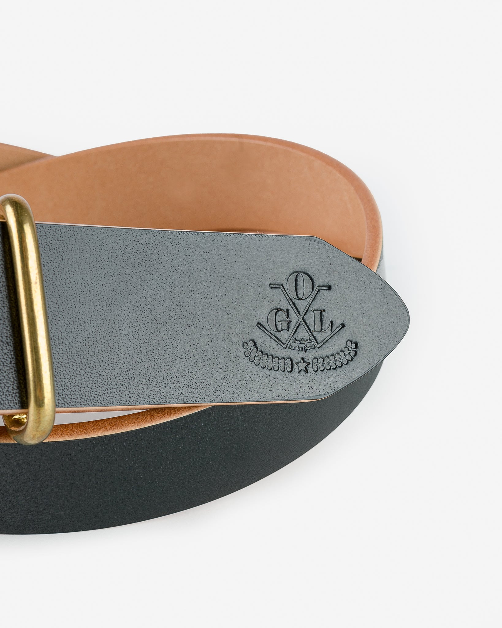 OGL-BELT-ROLL-BLK OGL Single Prong Brass Roller Buckle Leather Belt - Hand Dyed Black - 2