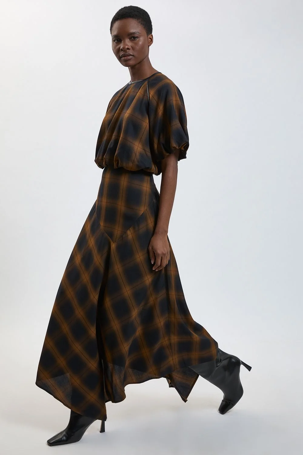 Check PU Trim Asymmetric Hem Midi Dress - 1